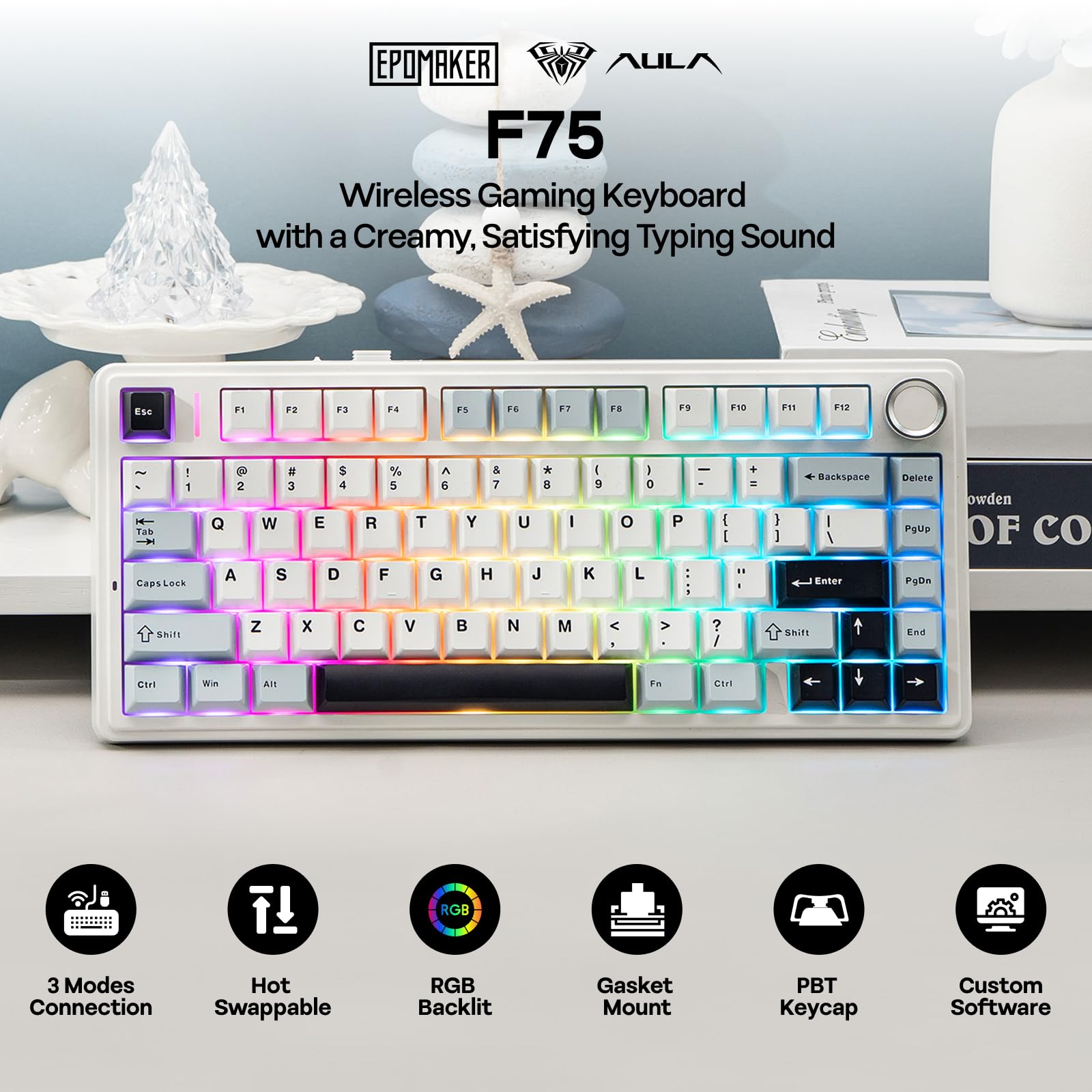 EPOMAKER EPOMAKER x Aula F75 Wireless Hot Swappable Mechanical Keyboard with RGB Lighting and Five-Layer Padding in Light Blue LEOBOG Reaper Switch - View 2 of 7
