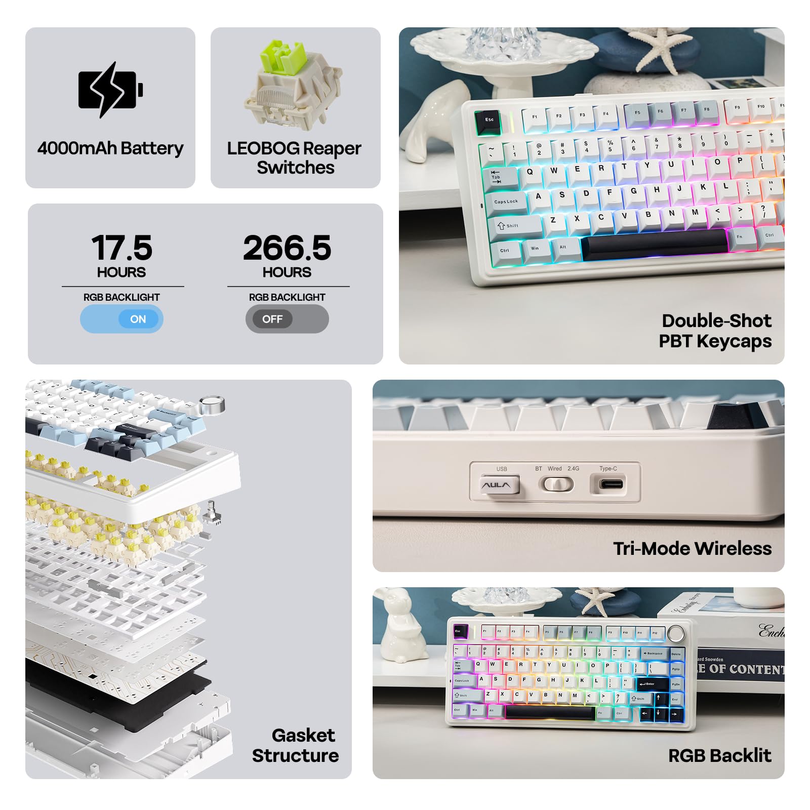EPOMAKER EPOMAKER x Aula F75 Wireless Hot Swappable Mechanical Keyboard with RGB Lighting and Five-Layer Padding in Light Blue LEOBOG Reaper Switch - View 3 of 7
