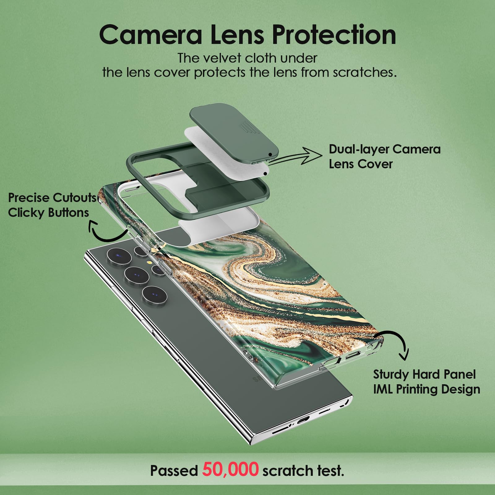 SHEDEER SHEDEER Samsung Galaxy S24 Ultra Case with Slide Camera Cover and Screen Protector Slim Shockproof Quicksand Green Design - View 2 of 7