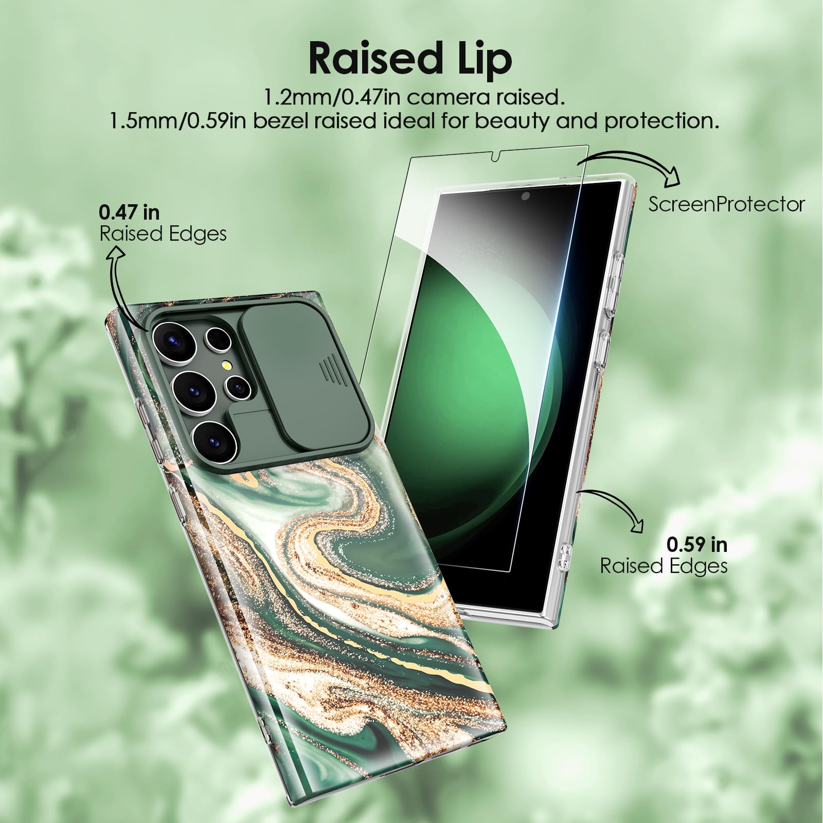 SHEDEER SHEDEER Samsung Galaxy S24 Ultra Case with Slide Camera Cover and Screen Protector Slim Shockproof Quicksand Green Design - View 3 of 7