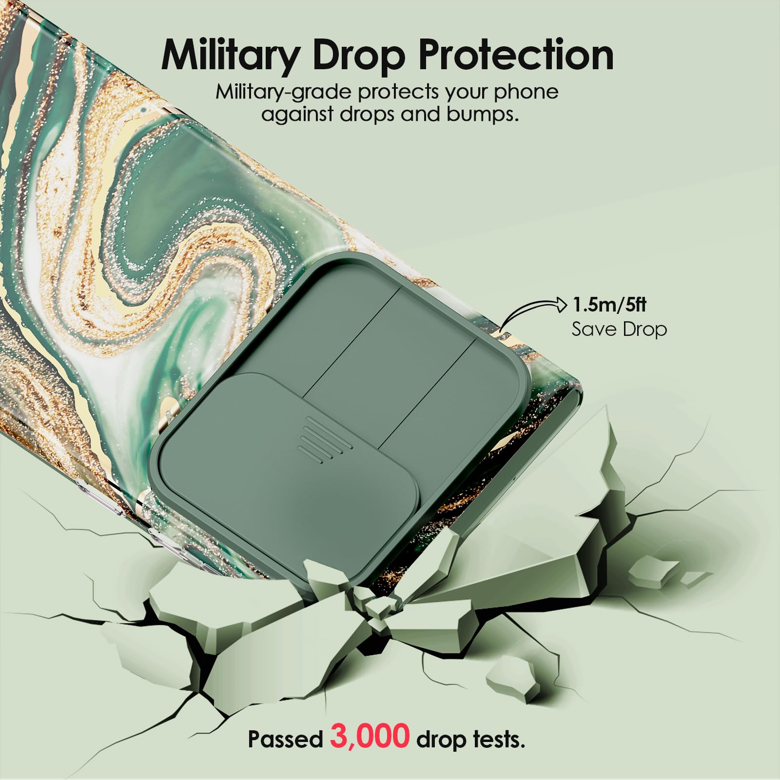 SHEDEER SHEDEER Samsung Galaxy S24 Ultra Case with Slide Camera Cover and Screen Protector Slim Shockproof Quicksand Green Design - View 4 of 7