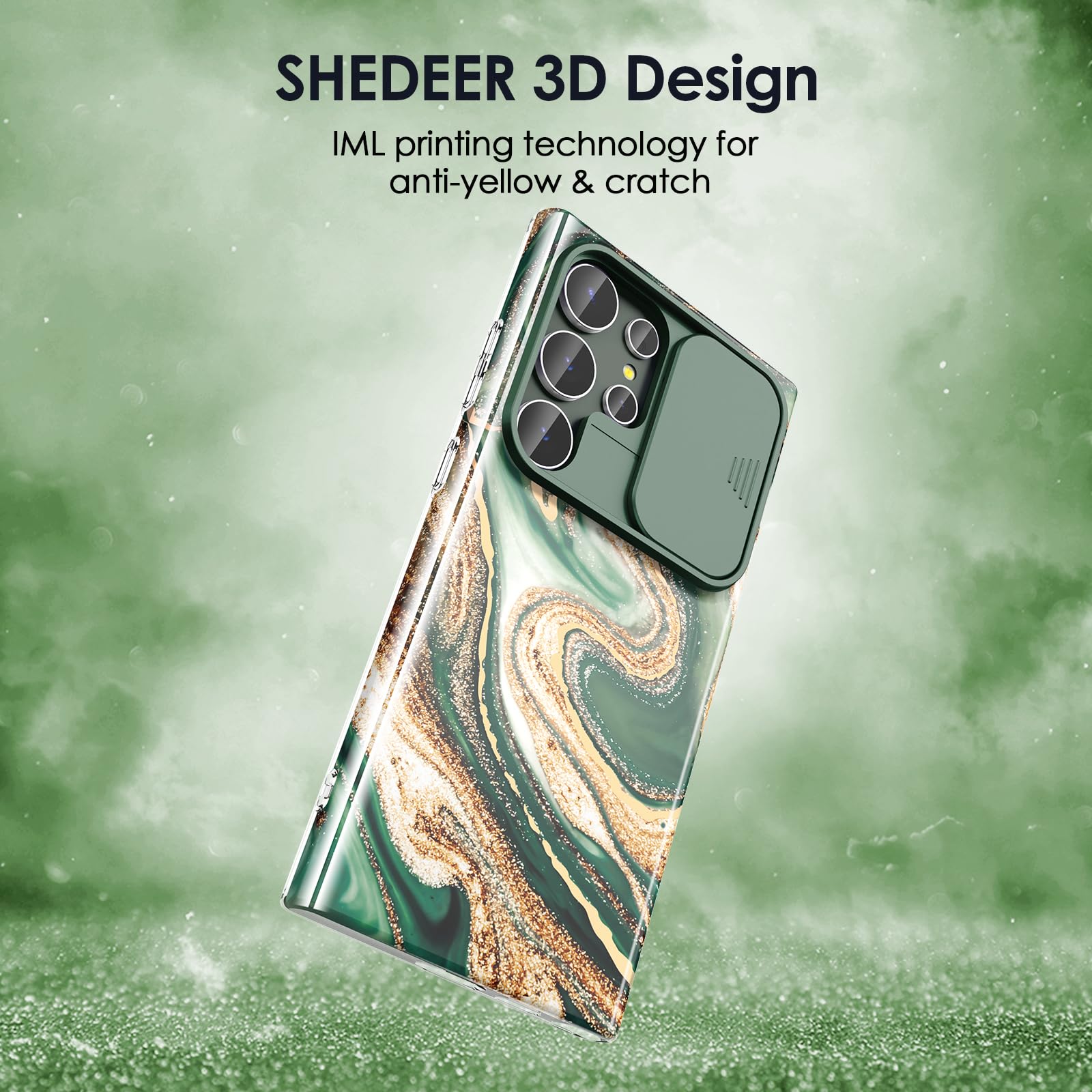 SHEDEER SHEDEER Samsung Galaxy S24 Ultra Case with Slide Camera Cover and Screen Protector Slim Shockproof Quicksand Green Design - View 5 of 7