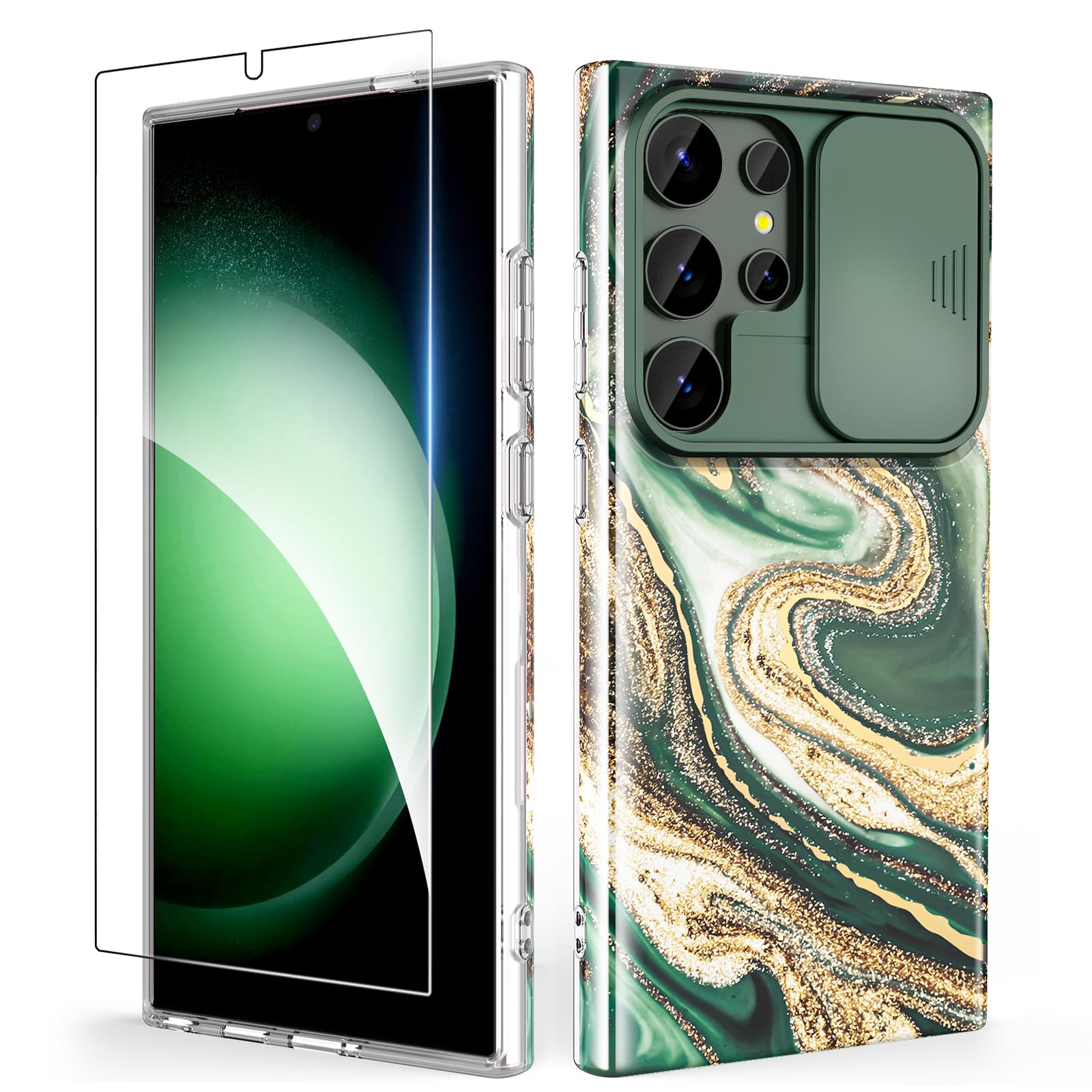 SHEDEER SHEDEER Samsung Galaxy S24 Ultra Case with Slide Camera Cover and Screen Protector Slim Shockproof Quicksand Green Design