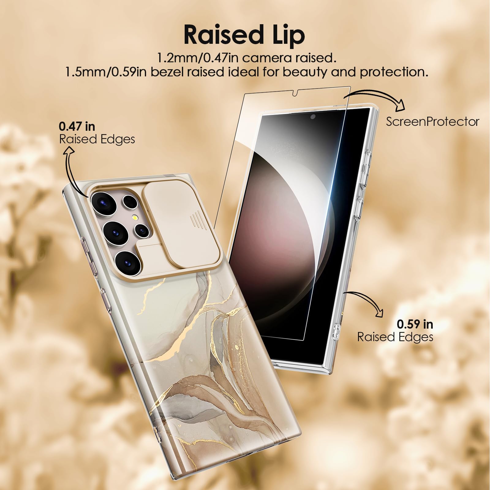 SHEDEER SHEDEER Samsung Galaxy S24 Ultra Case with Slide Camera Cover and Screen Protector Slim Shockproof Chic Pattern Brown Golden - View 3 of 7