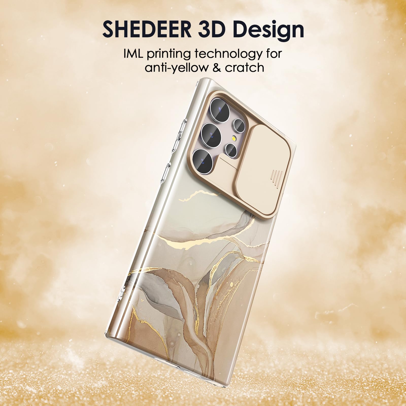 SHEDEER SHEDEER Samsung Galaxy S24 Ultra Case with Slide Camera Cover and Screen Protector Slim Shockproof Chic Pattern Brown Golden - View 5 of 7
