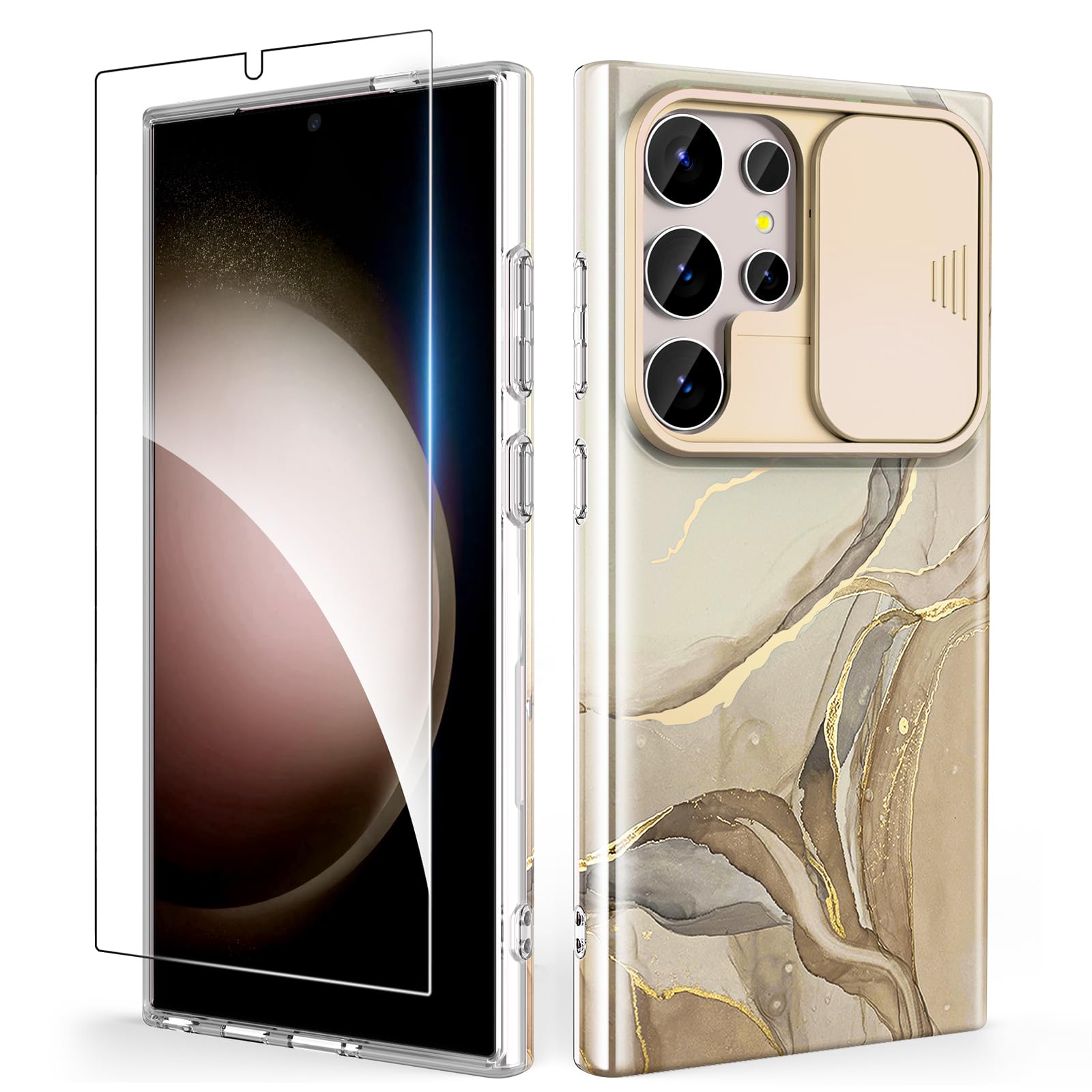 SHEDEER SHEDEER Samsung Galaxy S24 Ultra Case with Slide Camera Cover and Screen Protector Slim Shockproof Chic Pattern Brown Golden