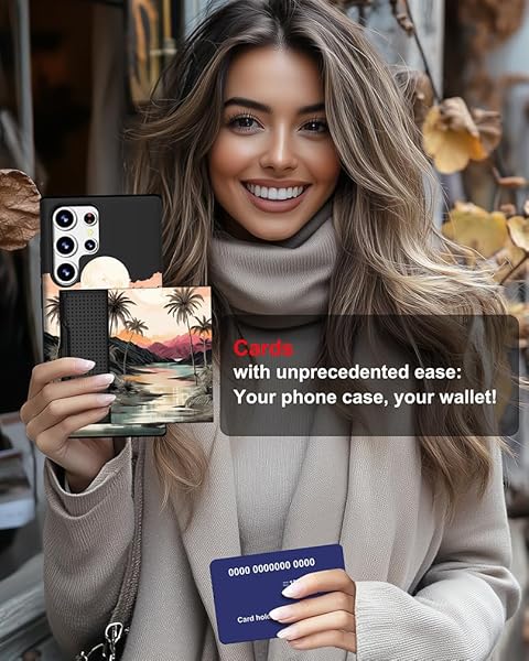 IWONE IWONE Samsung Galaxy S24 Ultra Case Cute Card Holder Slim Wallet Phone Cover for Women Tropical Beach Palm Trees Ocean Sunset Design - View 9 of 10