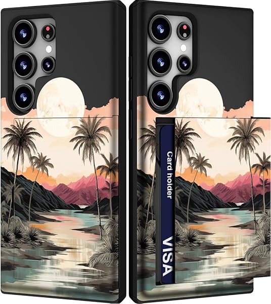 IWONE IWONE Samsung Galaxy S24 Ultra Case Cute Card Holder Slim Wallet Phone Cover for Women Tropical Beach Palm Trees Ocean Sunset Design - View 3 of 10