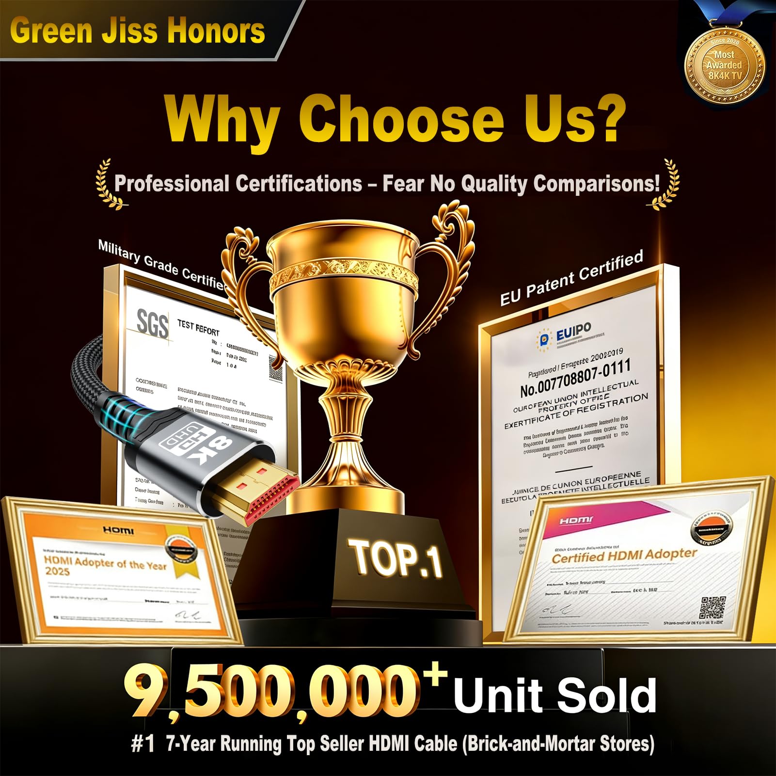 Green Jiss 10K 8K HDMI Cable 2.1 Ultra High Speed 1M Braided Cord 48Gbps Supports Dynamic HDR 10 eARC 3D Dolby Atmos Compatible with Roku TV PS5 HDTV - View 3 of 8