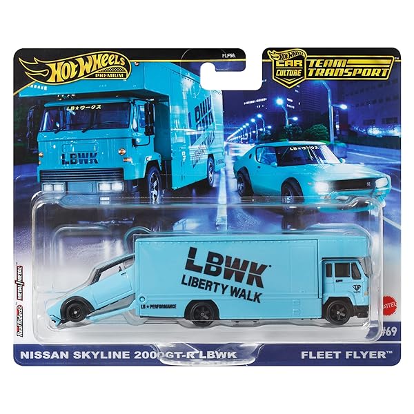 Hot Wheels Hot Wheels Premium Team Transport Set: LBWK Liberty Walk Nissan Skyline 2000GT-R & Fleet Flyer #69 Truck - 1:64 Scale Blue Model