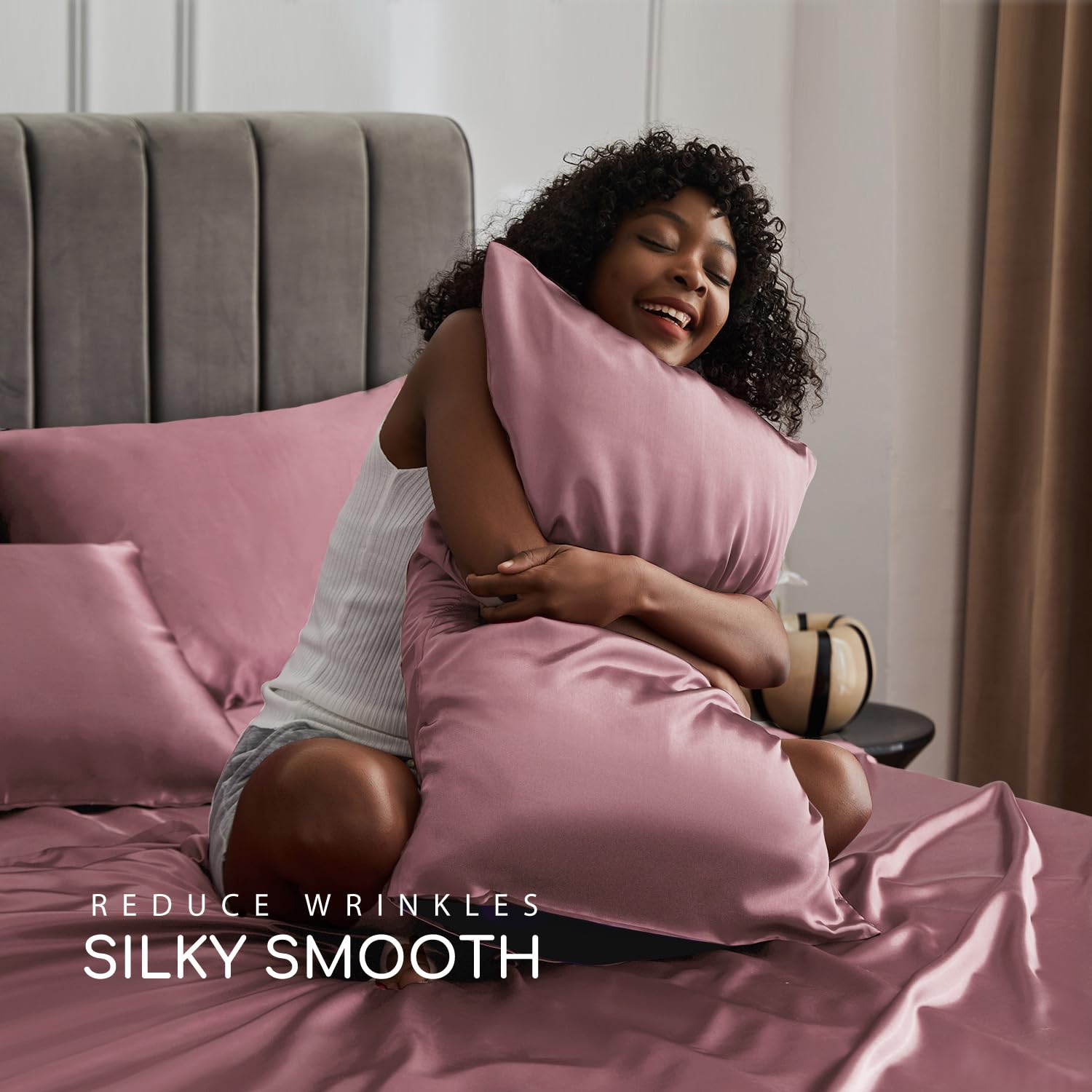 MR&HM MR&HM Queen Size Satin Bed Sheets Set 4 Pcs Silky Bedding with 15 Inch Deep Pocket Rose Taupe - View 3 of 7