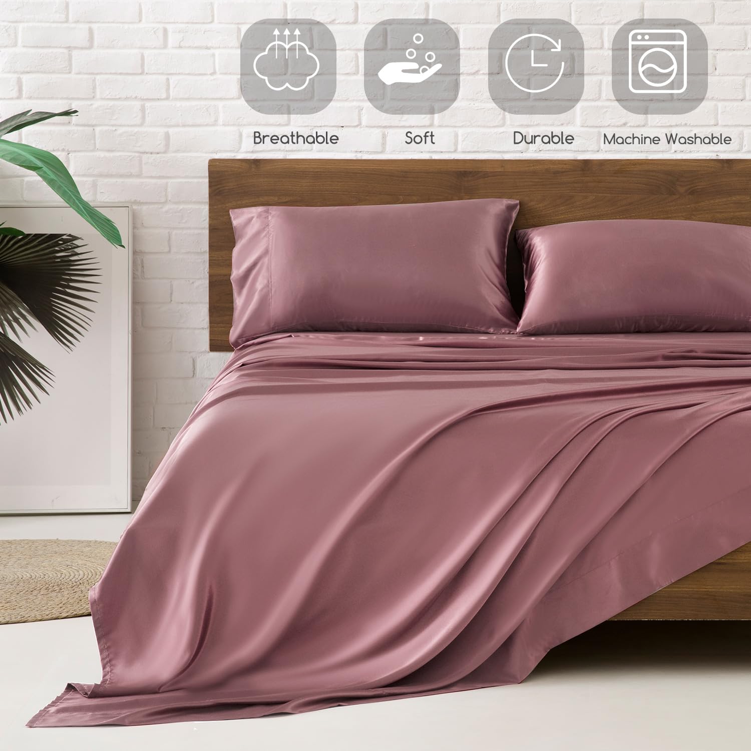 MR&HM MR&HM Queen Size Satin Bed Sheets Set 4 Pcs Silky Bedding with 15 Inch Deep Pocket Rose Taupe - View 5 of 7