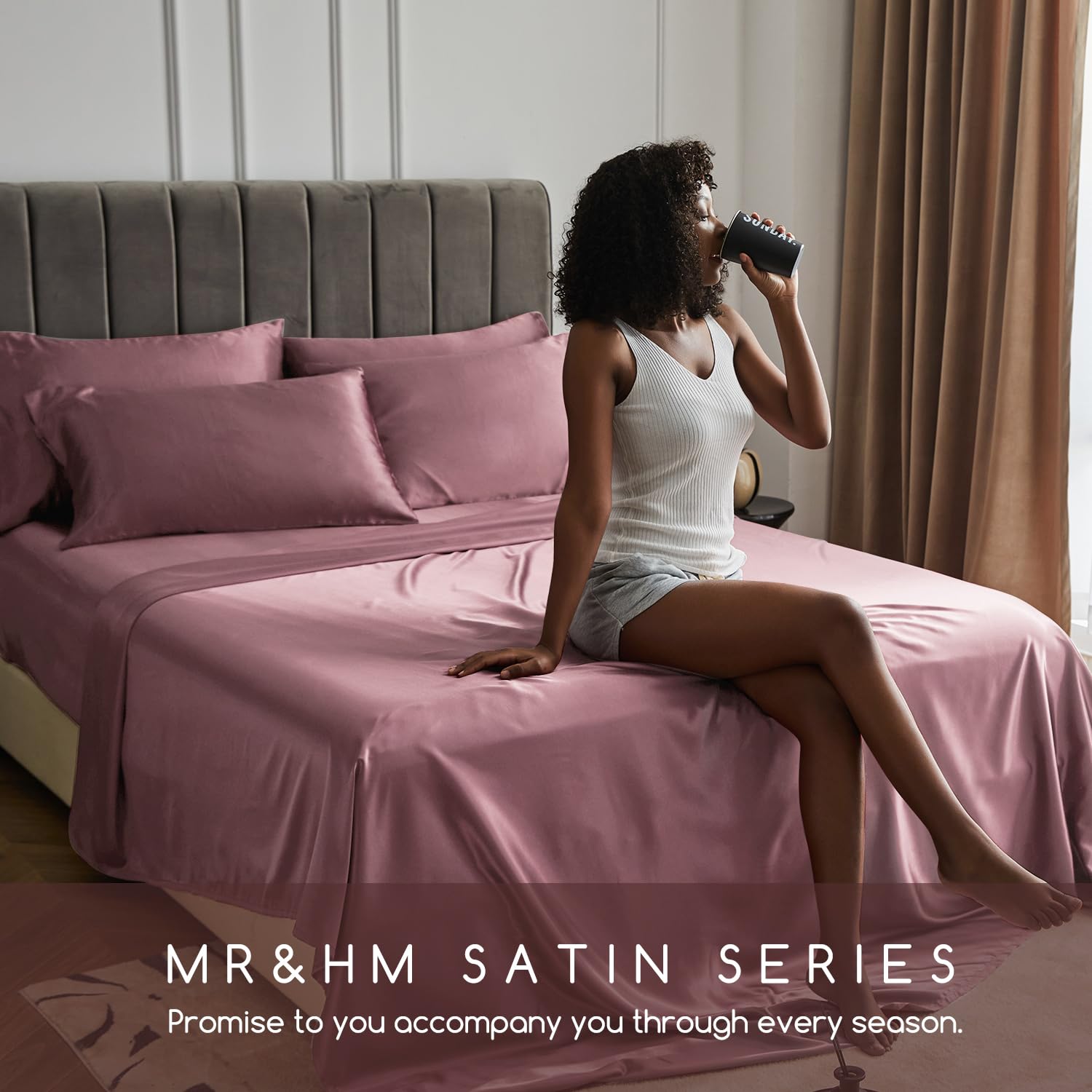 MR&HM MR&HM Queen Size Satin Bed Sheets Set 4 Pcs Silky Bedding with 15 Inch Deep Pocket Rose Taupe - View 6 of 7