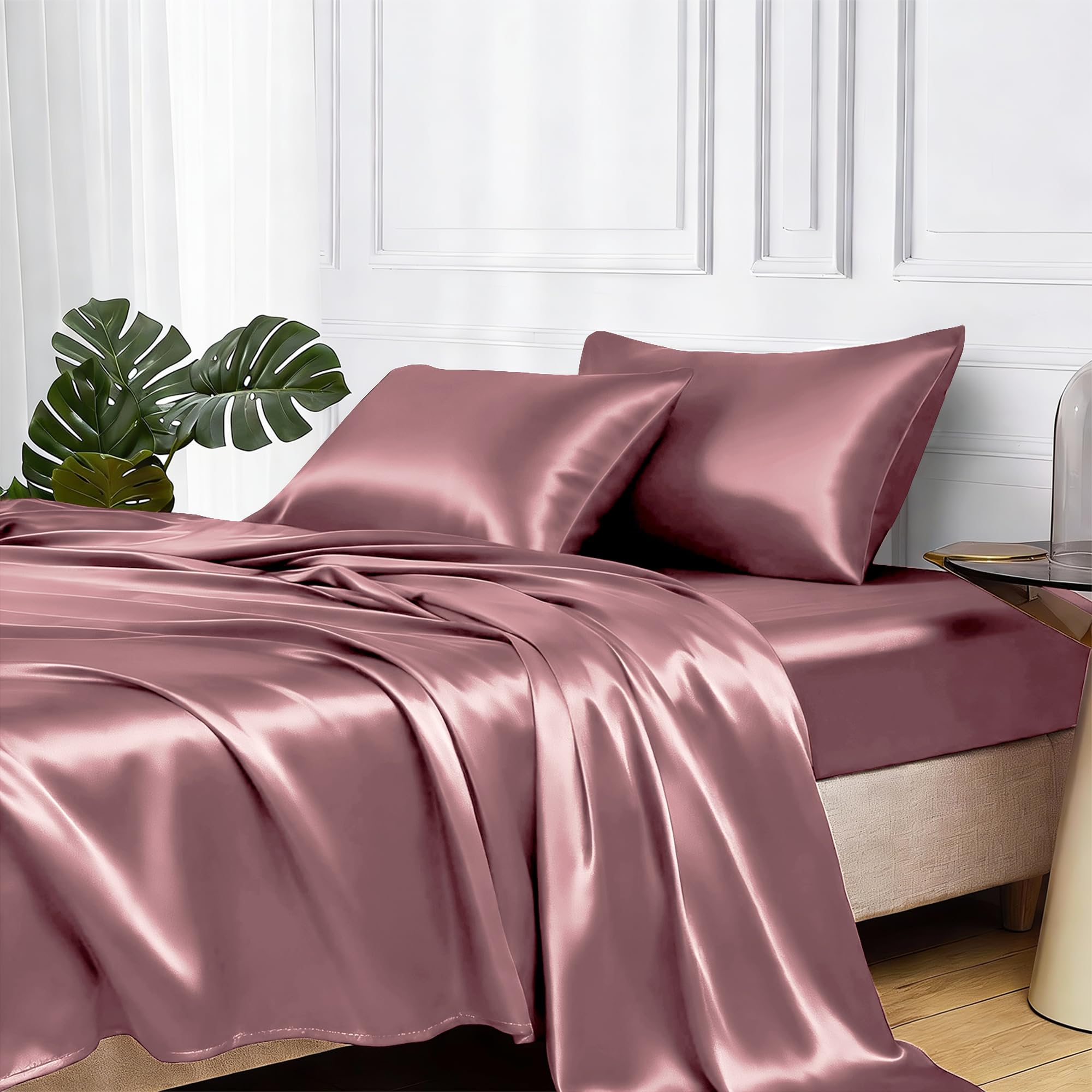 MR&HM Queen Size Satin Bed Sheets Set 4 Pcs Silky Bedding with 15 Inch Deep Pocket Rose Taupe
