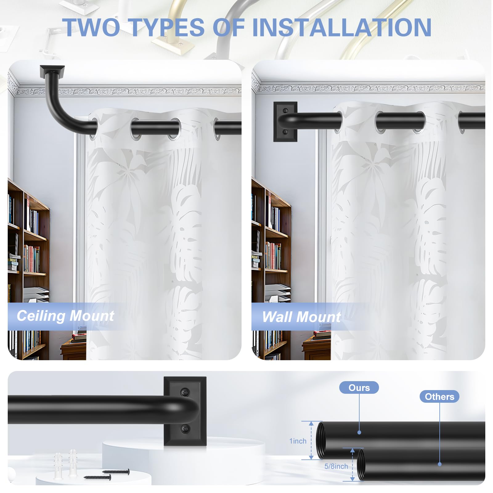 TANGWIN TANGWIN Adjustable Black Curtain Rods 72 to 144 Inch for Room Darkening Drapery and Blackout Curtains 1 Inch Long Wrap Around Design - View 4 of 9