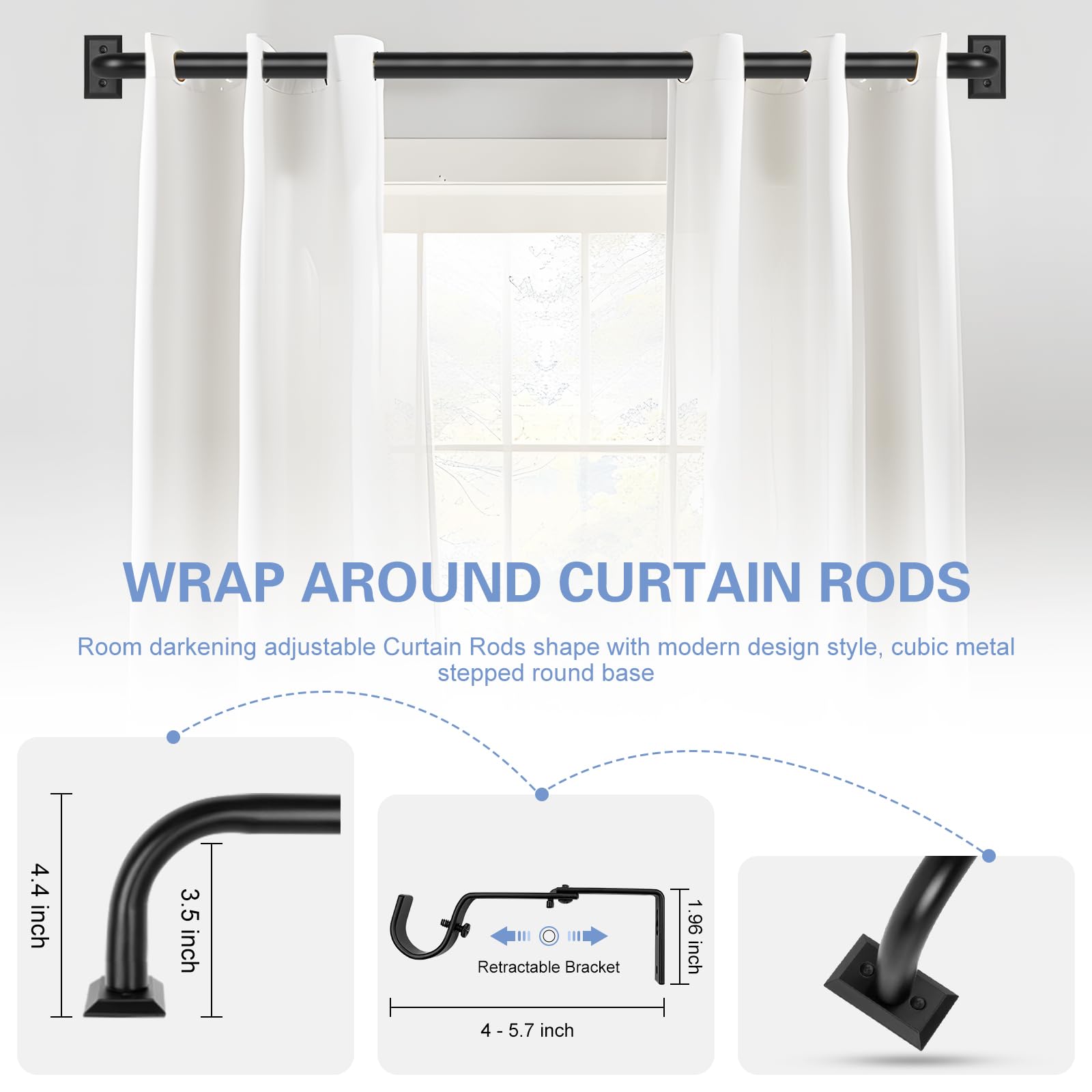 TANGWIN TANGWIN Adjustable Black Curtain Rods 72 to 144 Inch for Room Darkening Drapery and Blackout Curtains 1 Inch Long Wrap Around Design - View 5 of 9