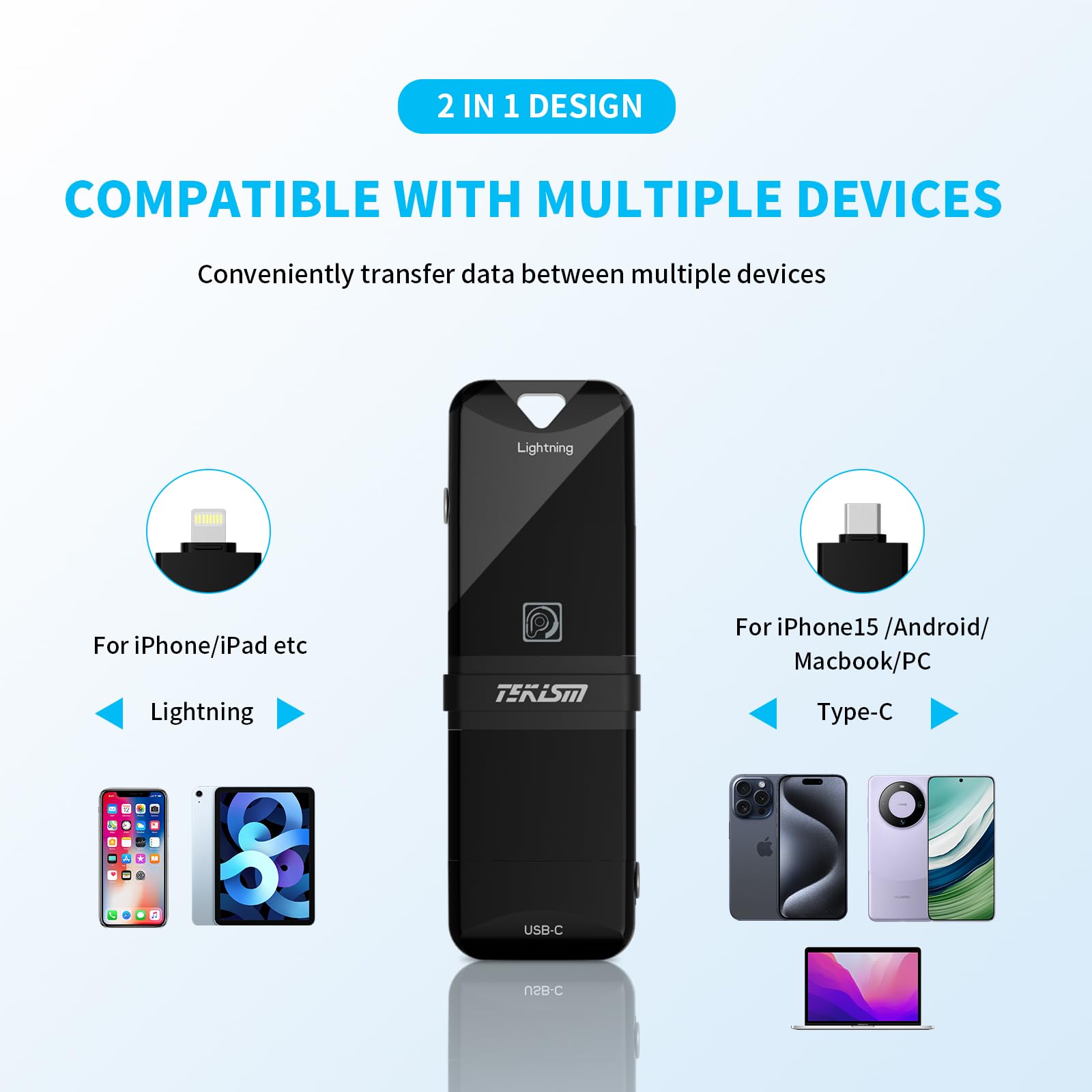 TEKISM TEKISM MFi Certified 128GB Flash Drive USB C Memory Stick for iPhone Android Smartphone and Computers with Keychain - View 2 of 6