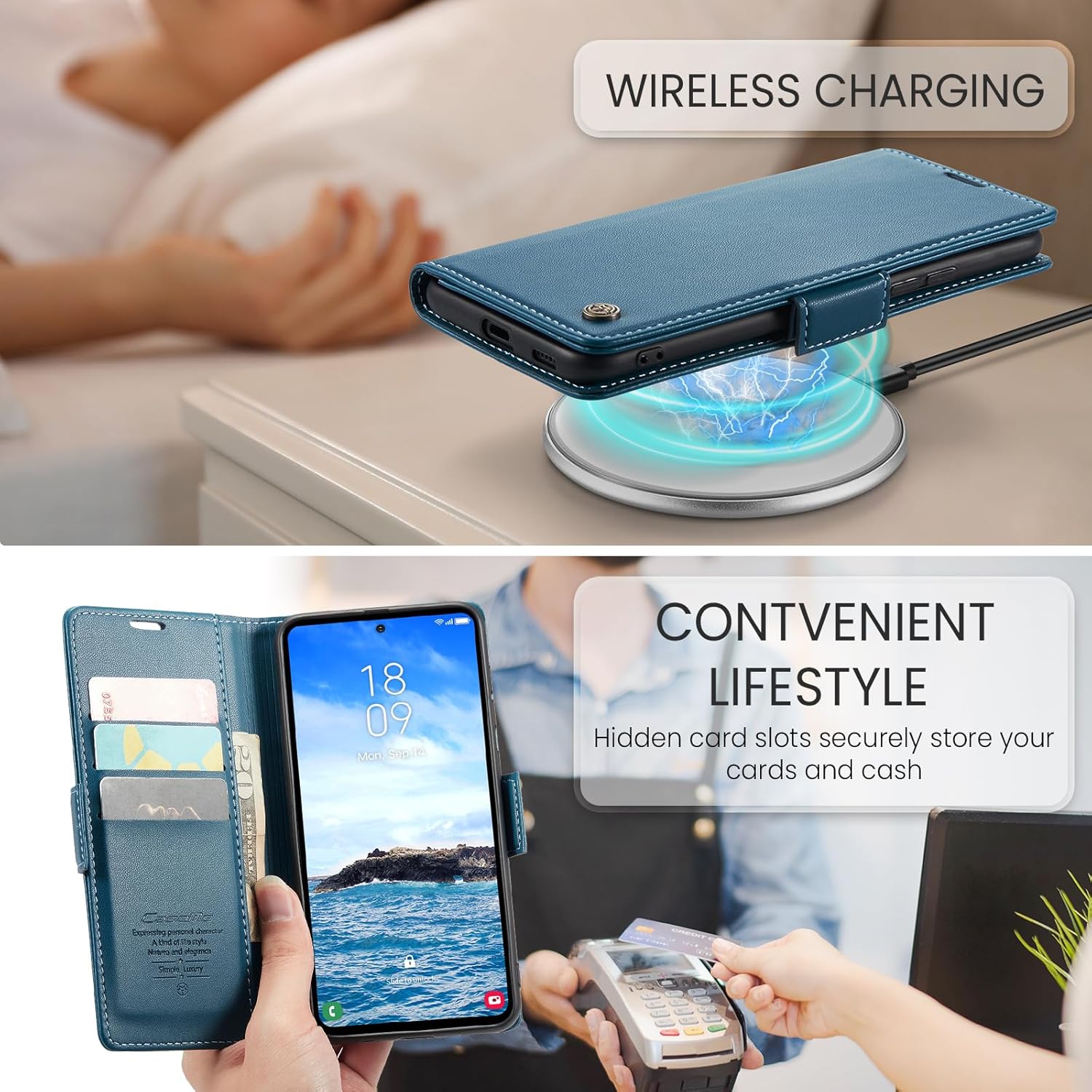 SINIANL SINIANL Samsung Galaxy S24 Wallet Case RFID Blocking Leather Folio with Card Holder Magnetic Clasp Kickstand for Men and Women Blue - View 3 of 9