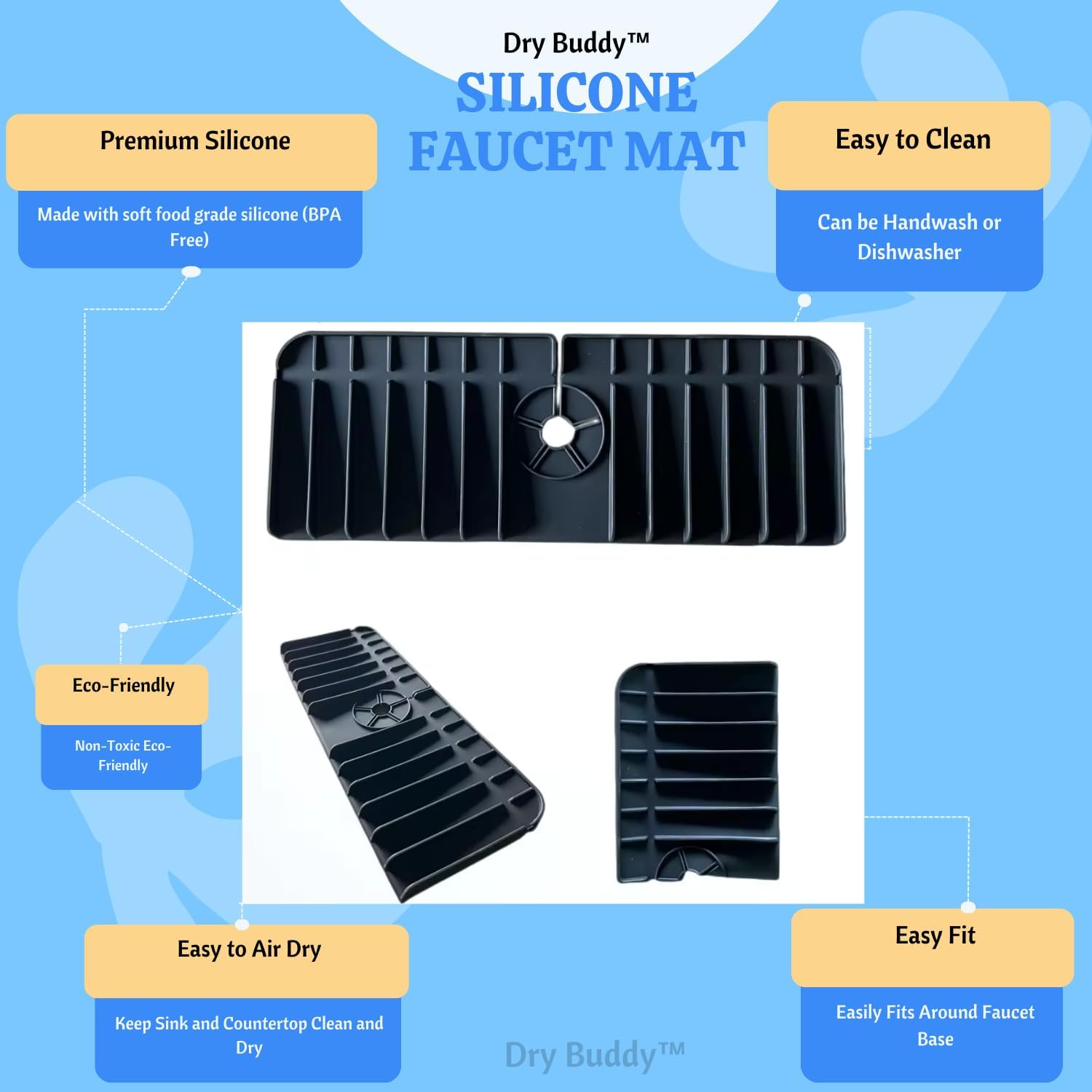 Dry Buddy 2 Pack Silicone Kitchen Sink Splash Guard Faucet Mat for Kitchen Sink Black Standard - View 5 of 8