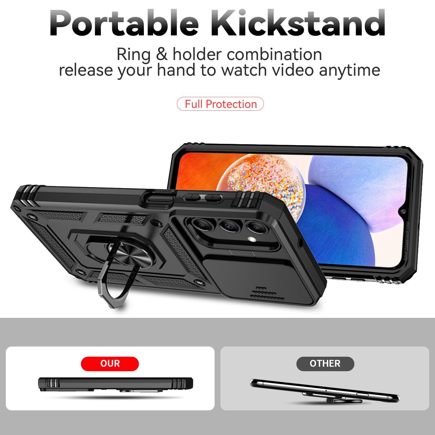 YZOK Samsung Galaxy A15 5G Case with Camera Lens Cover and HD Screen Protector Military Grade Kickstand Hybrid Shockproof Black - View 2 of 9