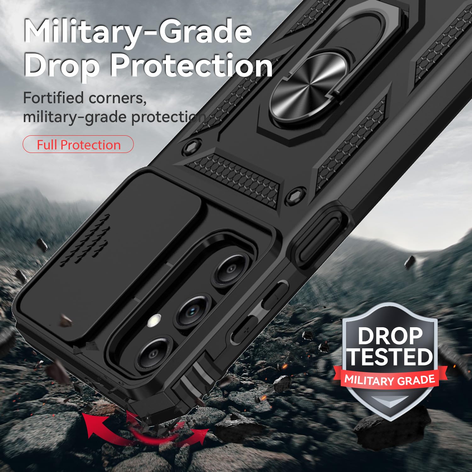 YZOK Samsung Galaxy A15 5G Case with Camera Lens Cover and HD Screen Protector Military Grade Kickstand Hybrid Shockproof Black - View 6 of 9