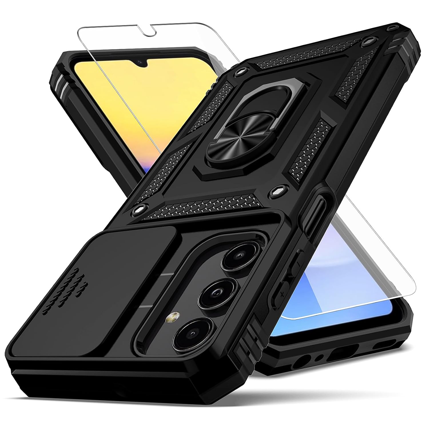 YZOK Samsung Galaxy A15 5G Case with Camera Lens Cover and HD Screen Protector Military Grade Kickstand Hybrid Shockproof Black