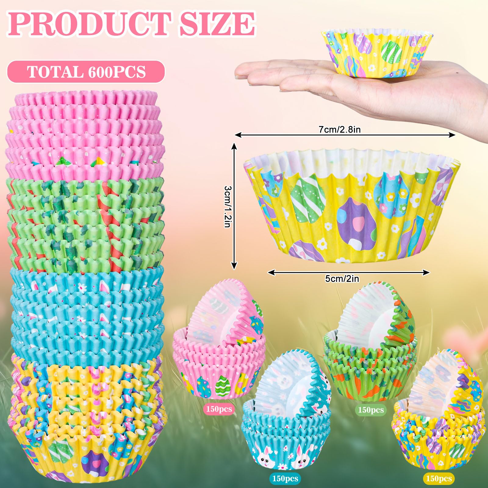 JarThenaAMCS JarThenaAMCS 600Pcs Easter Cupcake Liners Bunny Rabbit Carrot Print Colorful Baking Cups for Spring Birthday Party Supplies - View 2 of 7