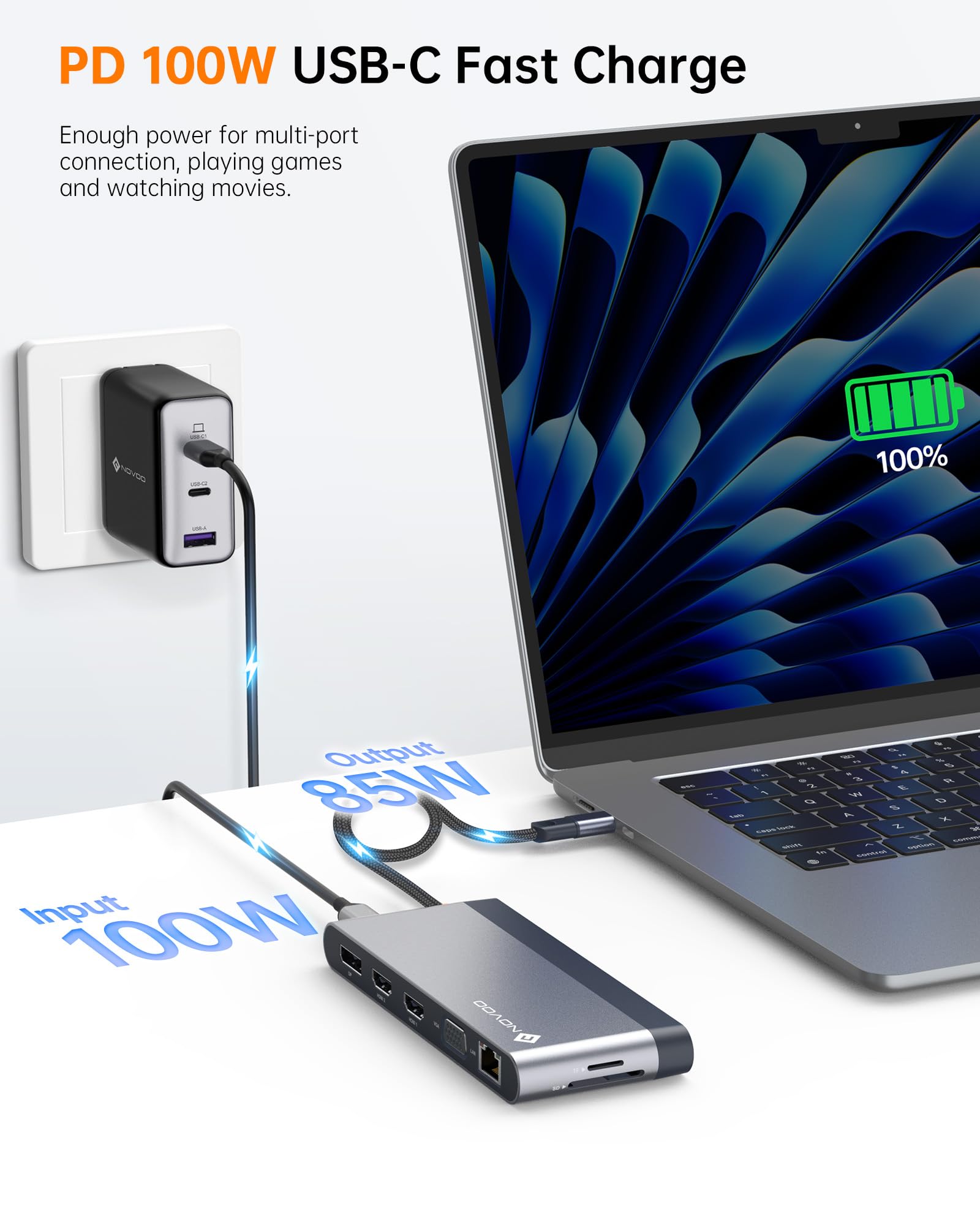 NOVOO USB C Docking Station Dual Monitor 14 in 1 Multiport Adapter for Dell HP MacBook Lenovo iPhone 15 with 8K 4K Display and Multiple Ports - View 5 of 9