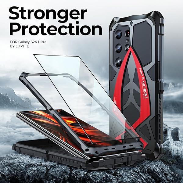 Lunivop Lunivop Metal Hard Phone Case for Samsung Galaxy S24 Ultra 2024 Heavy Duty Rugged Military Grade with Soft Screen Protector Black Red - View 5 of 8