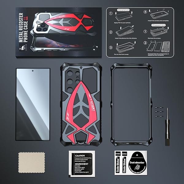 Lunivop Lunivop Metal Hard Phone Case for Samsung Galaxy S24 Ultra 2024 Heavy Duty Rugged Military Grade with Soft Screen Protector Black Red - View 6 of 8