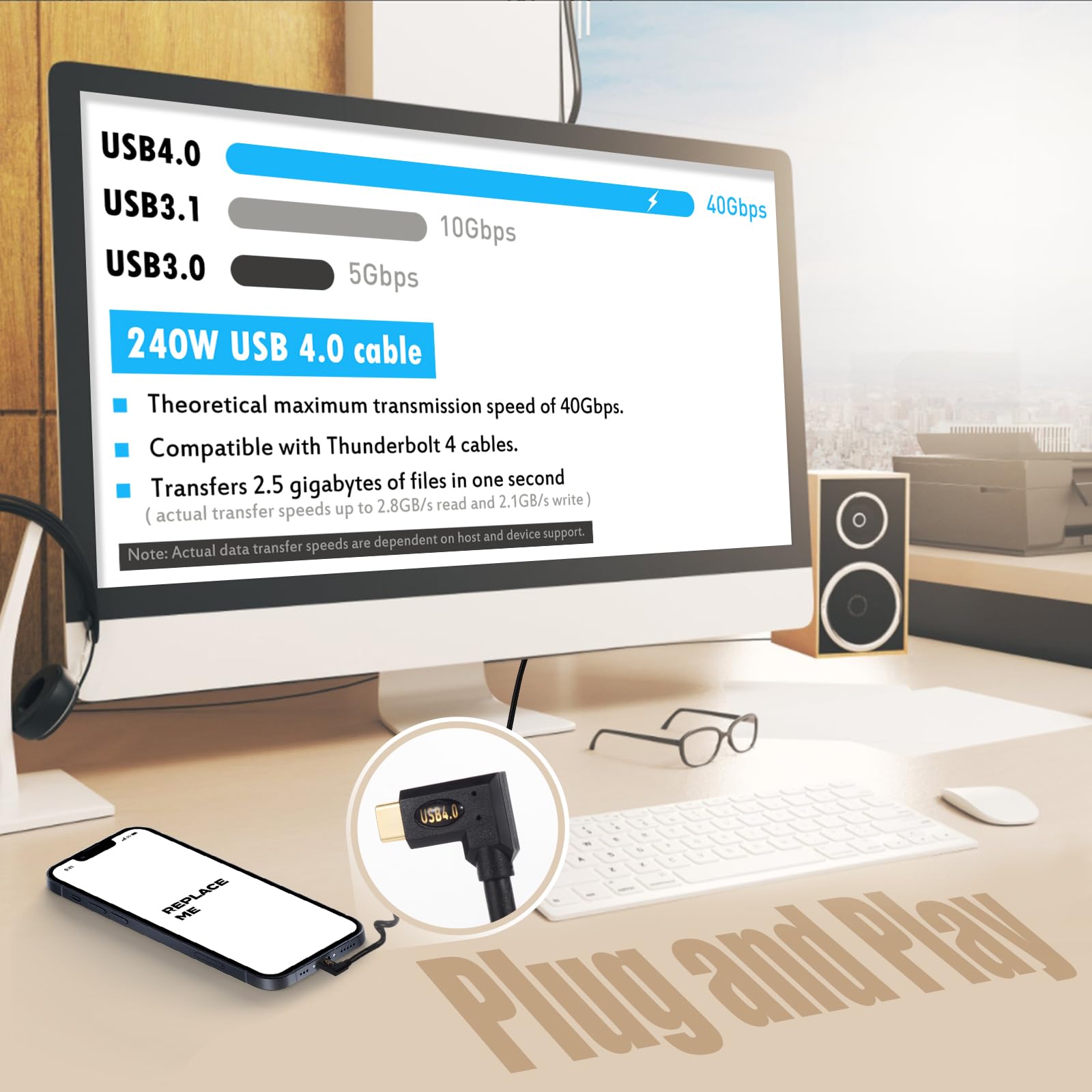 Kework Kework 2ft USB 4.0 Type C Cable 40Gbps 240W 5A PD Left Right Angle for Smartphones Laptops Thunderbolt 3 8k@60Hz Support - View 4 of 7