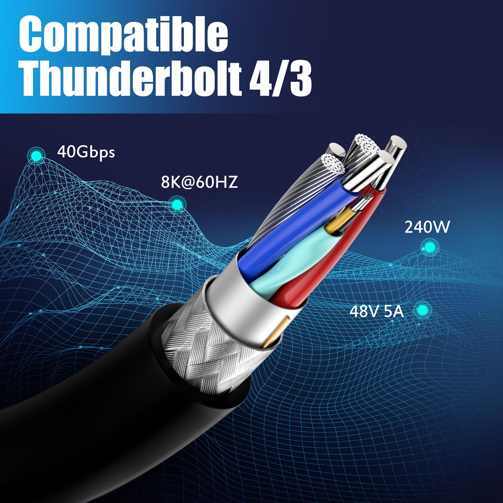 Kework Kework 2ft USB 4.0 Type C Cable 40Gbps 240W 5A PD Left Right Angle for Smartphones Laptops Thunderbolt 3 8k@60Hz Support - View 6 of 7