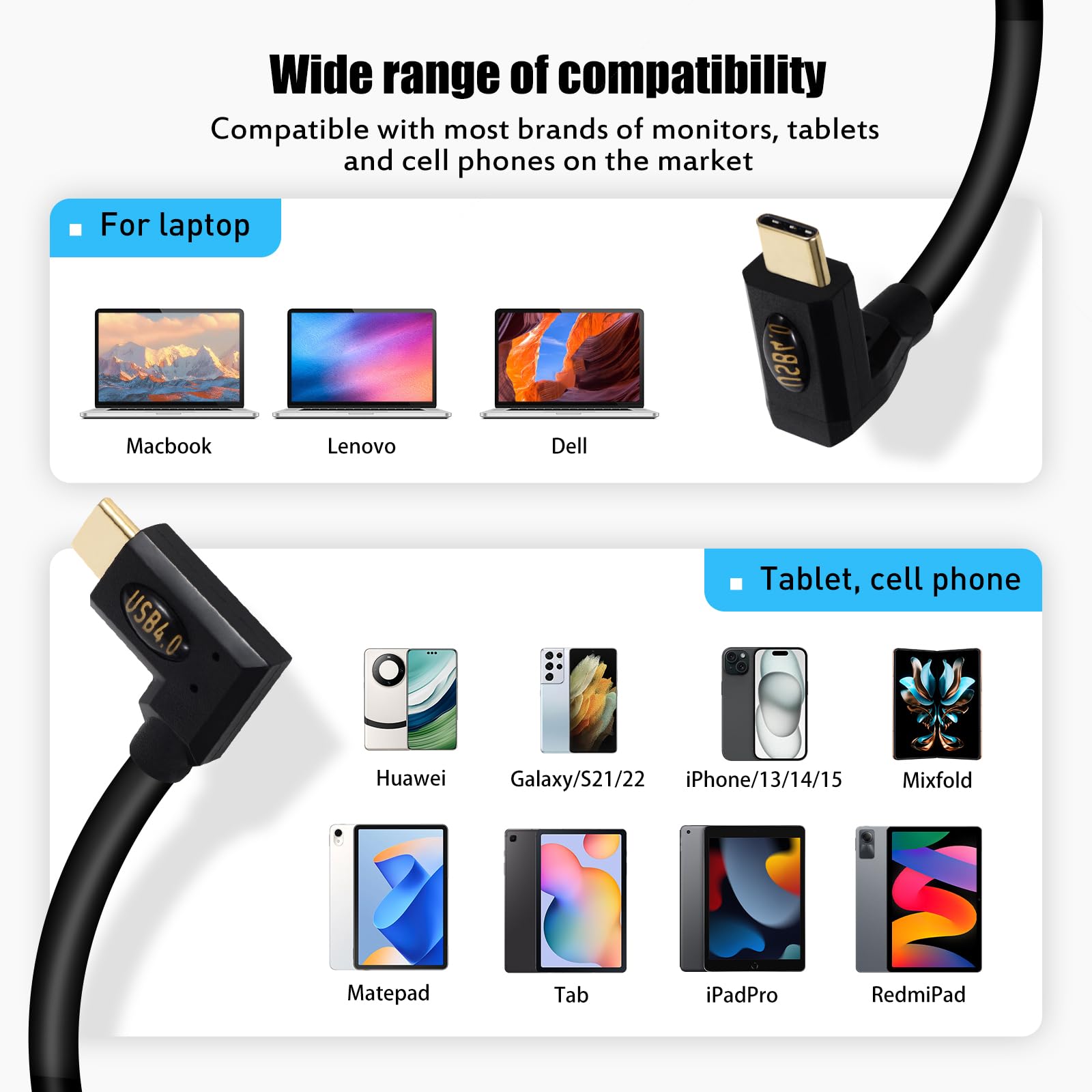 Kework Kework 2ft USB 4.0 Type C Cable 40Gbps 240W 5A PD Left Right Angle for Smartphones Laptops Thunderbolt 3 8k@60Hz Support - View 7 of 7