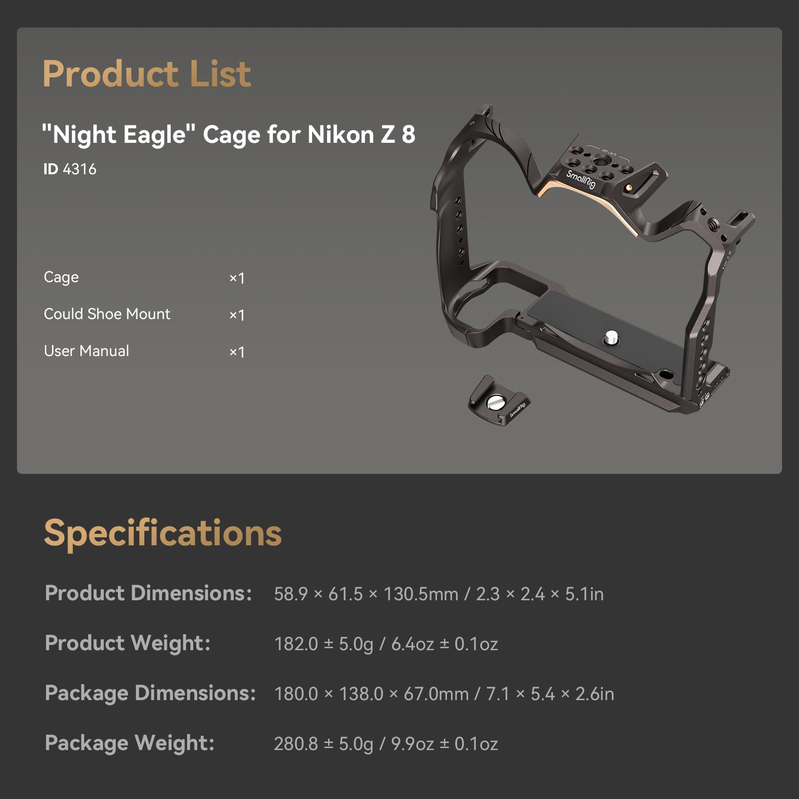 SMALLRIG SmallRig Night Eagle Z8 Camera Cage for Nikon Z 8 Aluminum Alloy Full Cage with Quick Release Plate and Cold Shoe Mount 4316 - View 6 of 8