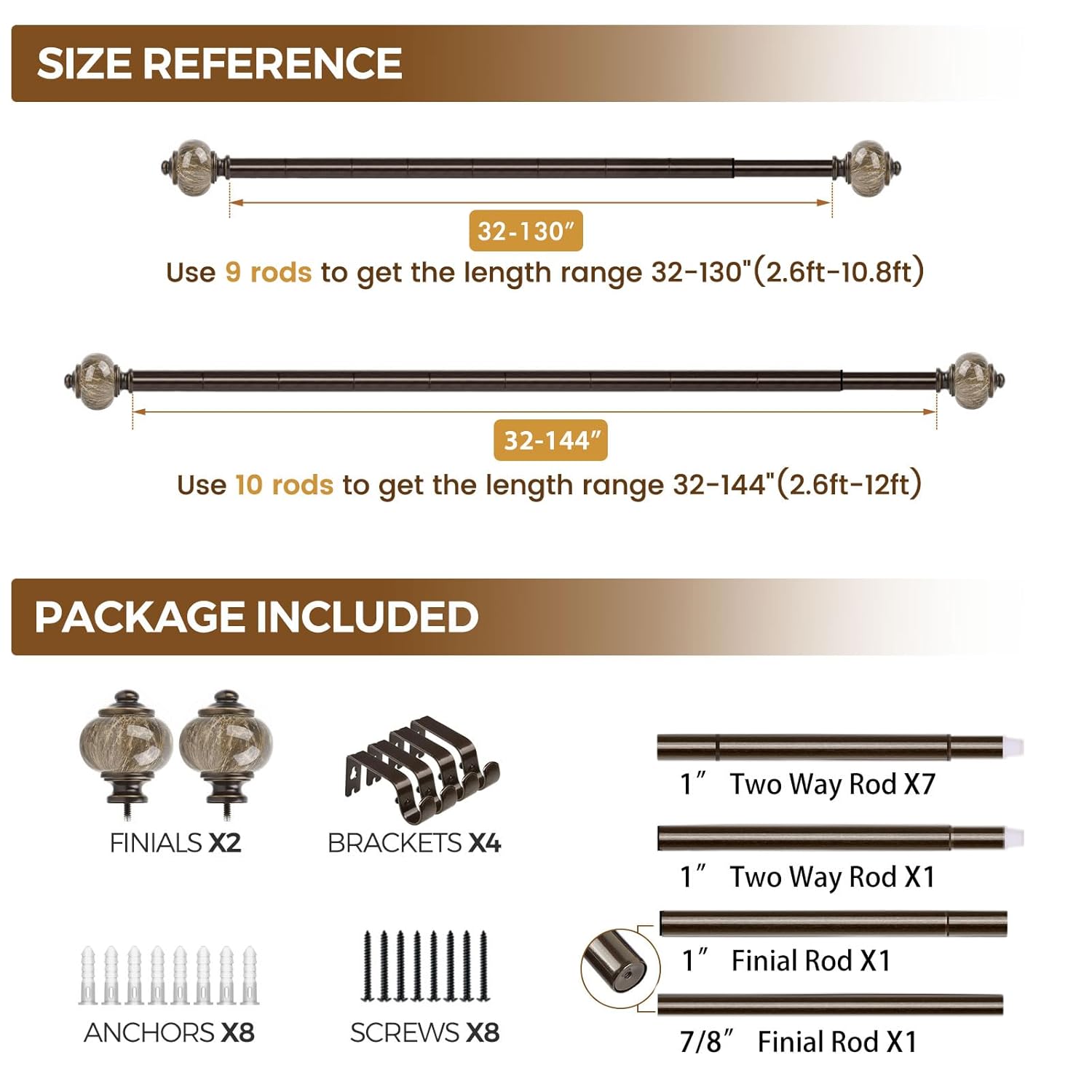 KAMANINA KAMANINA 1 Inch Adjustable Curtain Rods 72 to 144 Inches Bronze Heavy Duty Drapery Rods with Marbled Finials for Windows - View 7 of 9