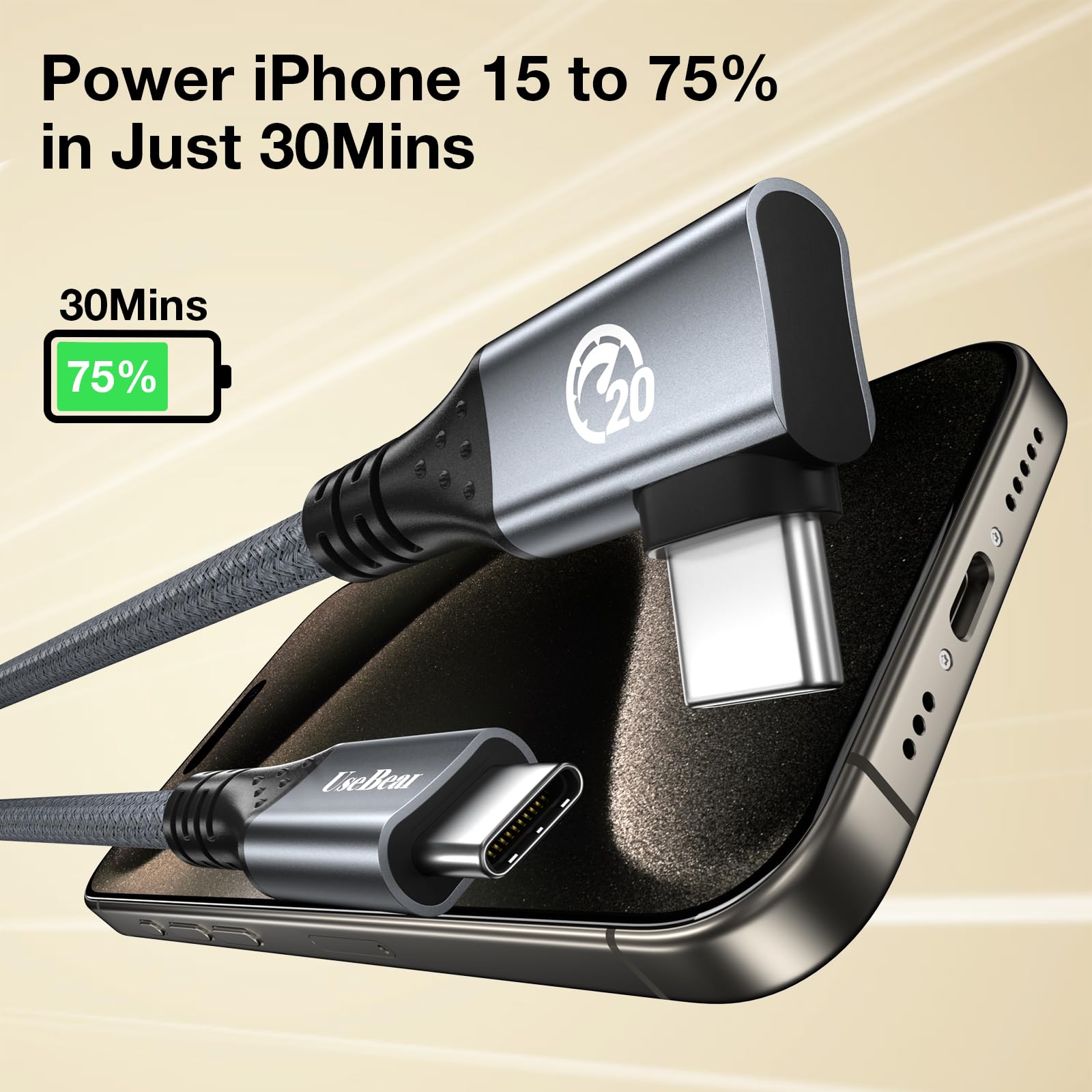 UseBean 20Gbps USB C 3.2 Gen 2 Cable 0.6ft Right Angle Charging Cable for iPhone 16 iPad Galaxy S25 MacBook Fast Charge 4K Video Monitor Cord - View 5 of 7