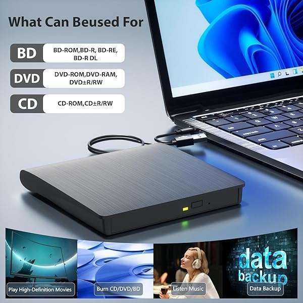 Yaeonku Portable External Blu-ray Drive: 50G Read/Write, USB 3.0 & Type-C, 3D Burner for Windows & Mac - View 4 of 9