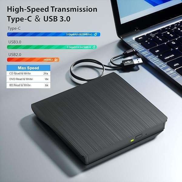 Yaeonku Portable External Blu-ray Drive: 50G Read/Write, USB 3.0 & Type-C, 3D Burner for Windows & Mac - View 5 of 9