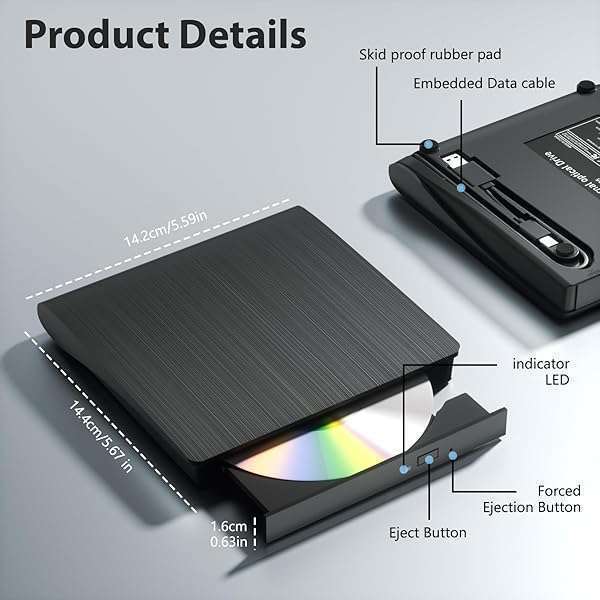 Yaeonku Portable External Blu-ray Drive: 50G Read/Write, USB 3.0 & Type-C, 3D Burner for Windows & Mac - View 8 of 9