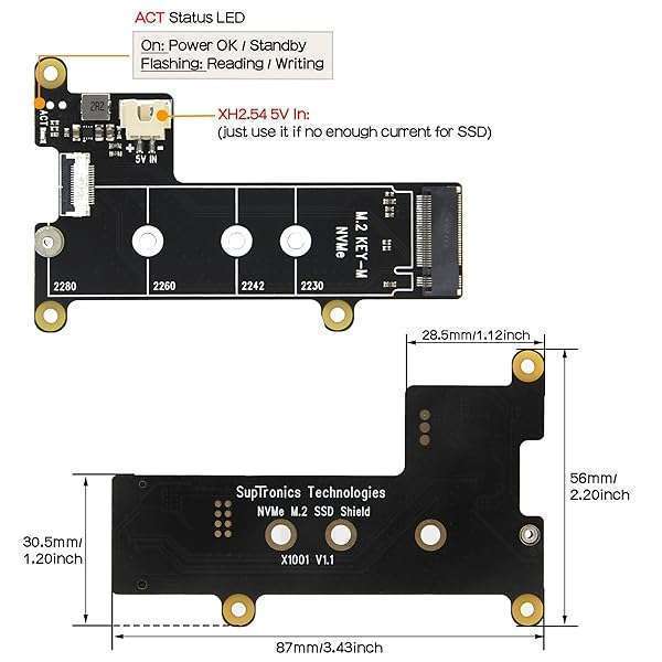 Geekworm Geekworm X1001 PCIe to M.2 HAT for Raspberry Pi 5: Support for NVMe SSDs 2230/2242/2260/2280 - View 3 of 8