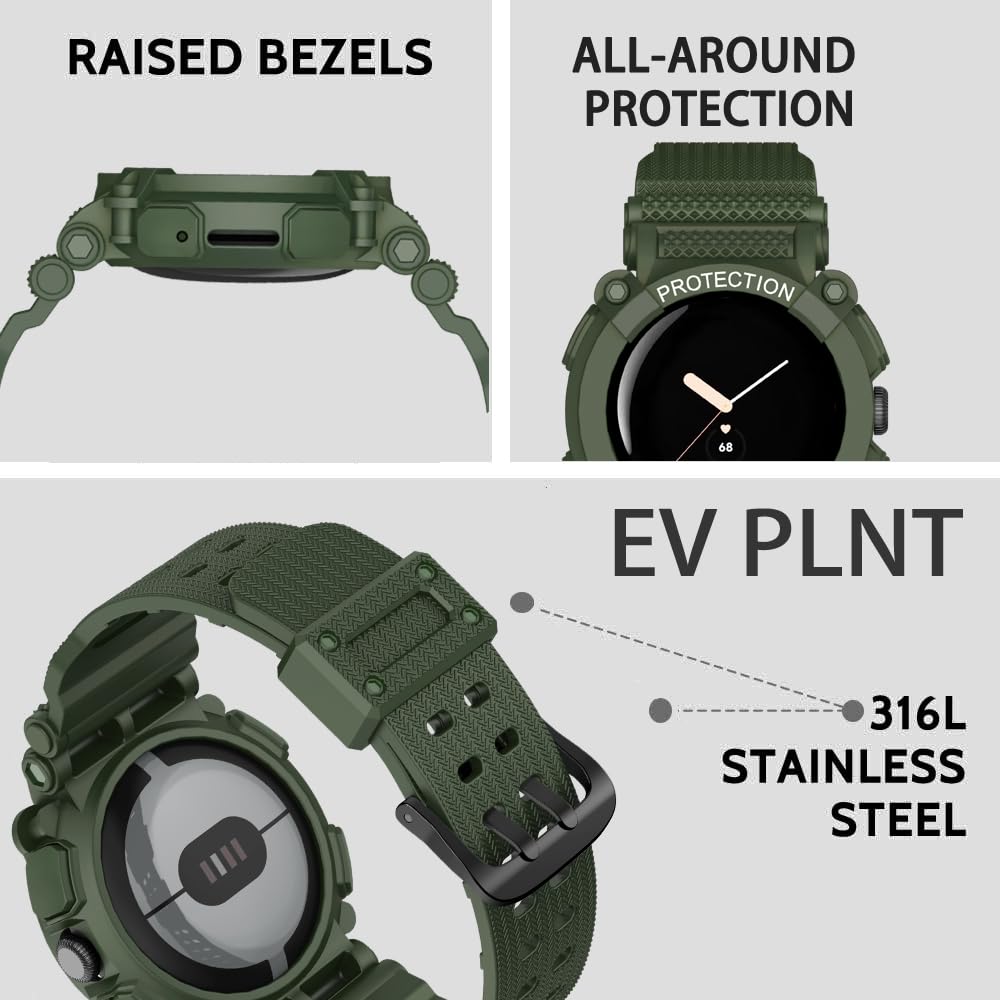 EVPLNT EVPLNT Rugged Band Strap with Case for Google Pixel Watch 2 41mm Shockproof Bumper Cover for Men Women Army Green - View 2 of 7