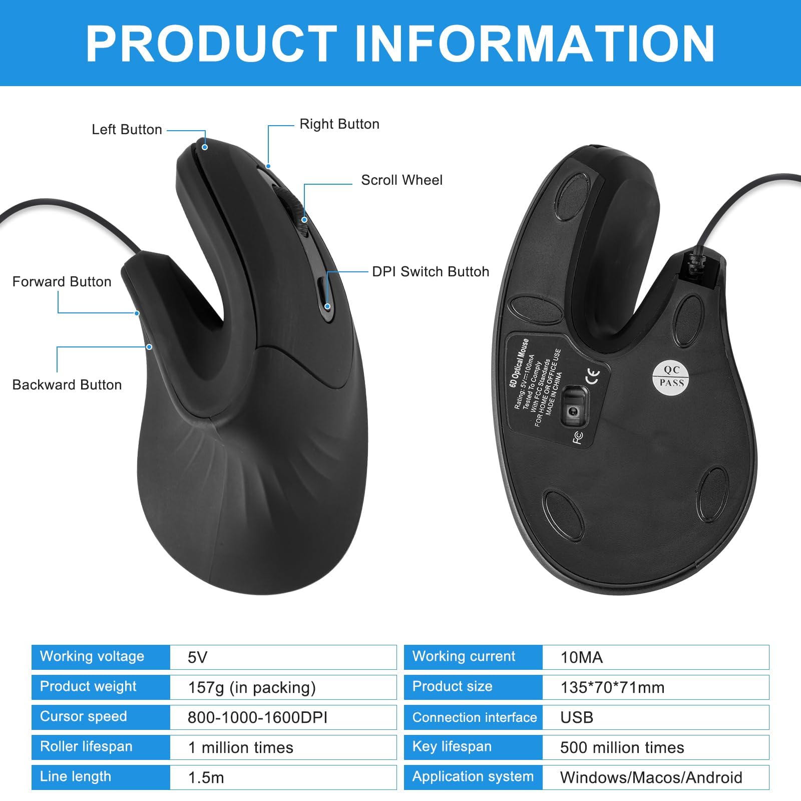 HXMJ HXMJ Vertical Wired Mouse Ergonomic Optical Silent Click Right Handed Black for Comfortable Computing - View 7 of 7