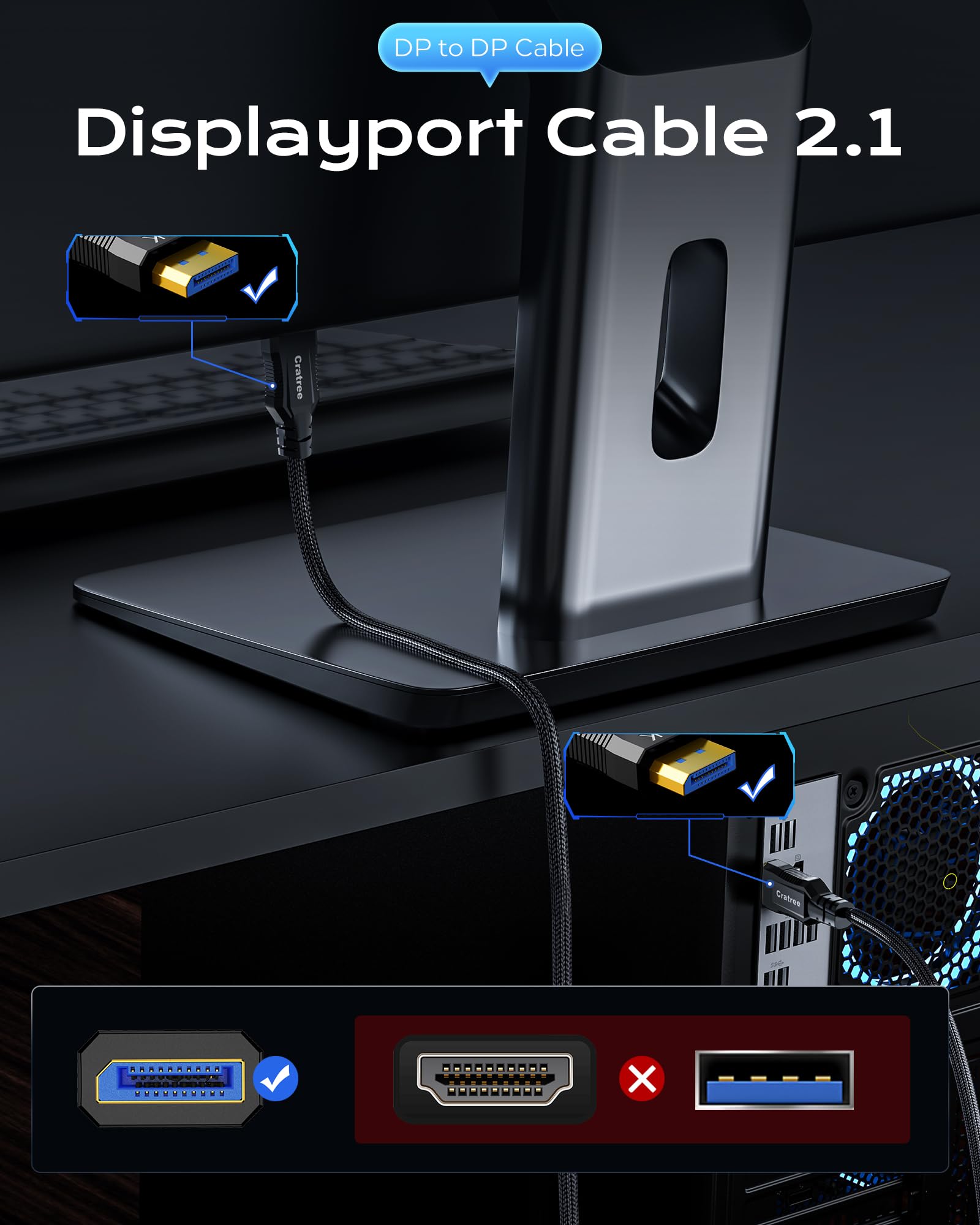 Cratree Cratree DisplayPort 2.1 Cable 3.3 Feet VESA Certified 16K DP to DP Braided Cord Supports 80Gbps 16K 60Hz Gaming Monitor PC - View 5 of 7