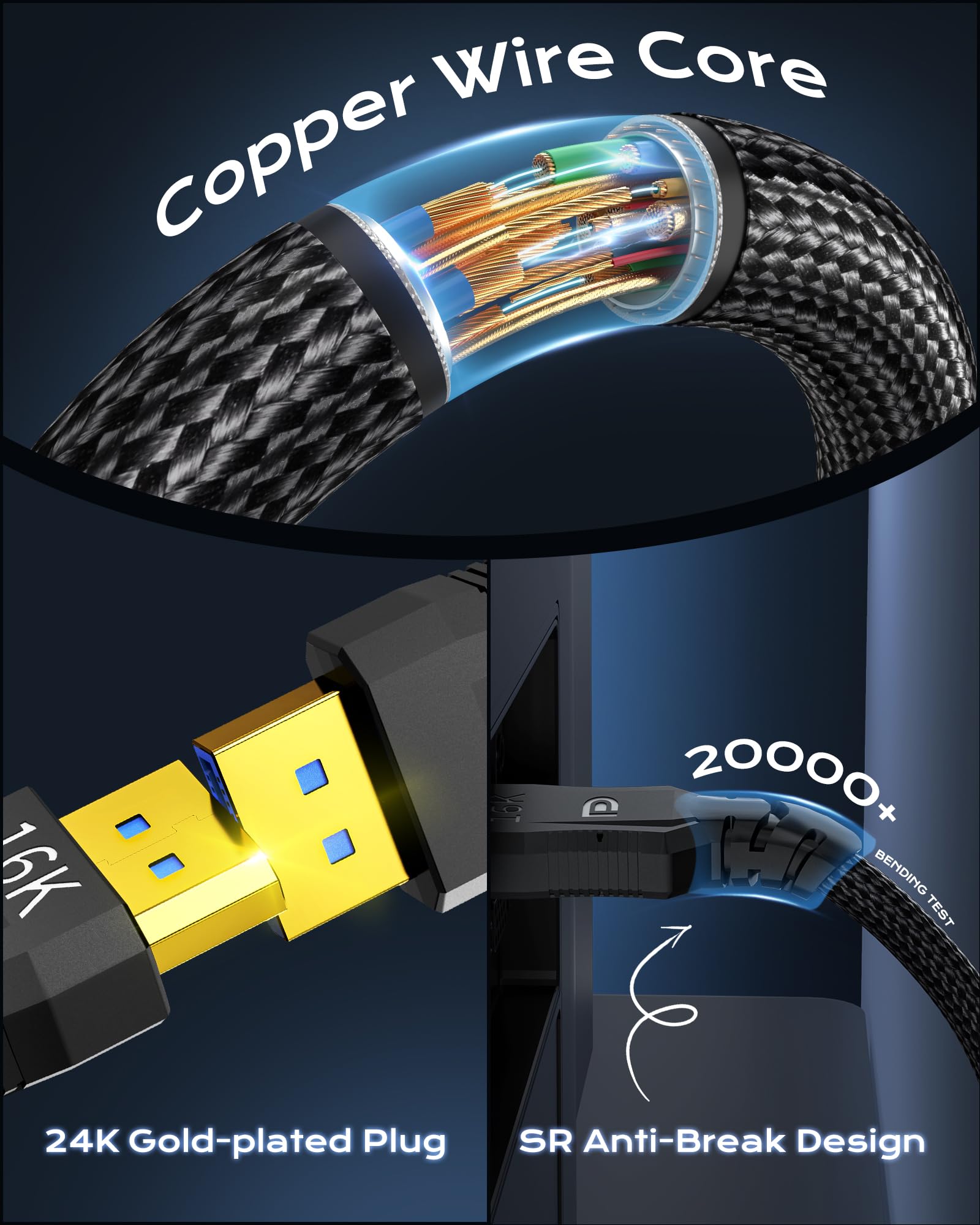 Cratree Cratree DisplayPort to DisplayPort 2.1 Cable 10 Feet Supports 80Gbps FreeSync G-Sync 16K 60Hz 8K 120Hz 4K 240Hz for Gaming Monitor PC - View 2 of 7