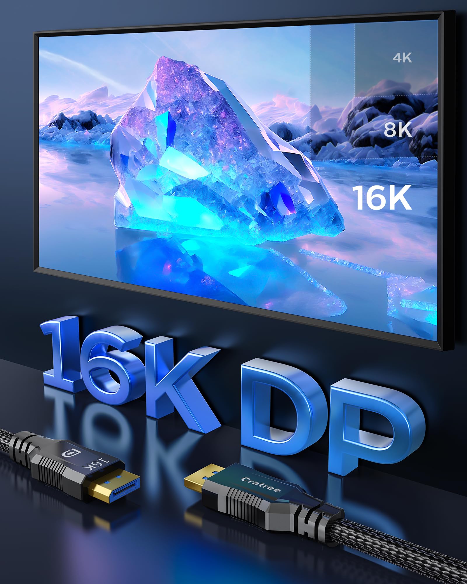 Cratree Cratree DisplayPort to DisplayPort 2.1 Cable 10 Feet Supports 80Gbps FreeSync G-Sync 16K 60Hz 8K 120Hz 4K 240Hz for Gaming Monitor PC - View 3 of 7