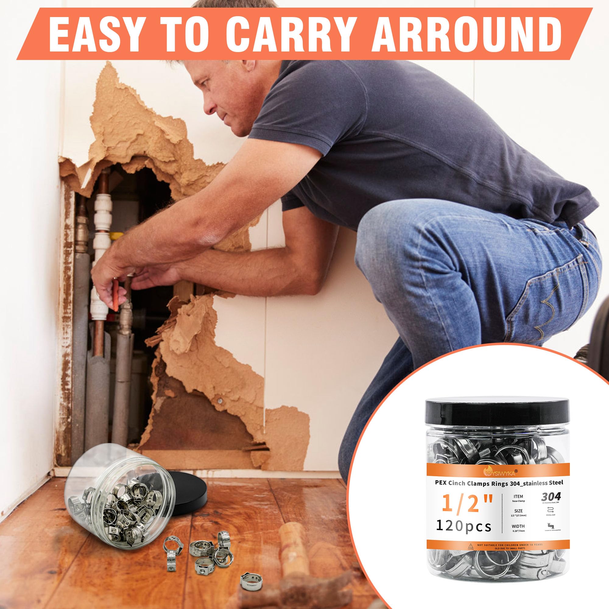 WYSIWYKA WYSIWYKA 120pcs 1/2 inch PEX Cinch Clamps 304 Stainless Steel Hose Clamps for PEX Tubing Pipe Fitting Connections - View 4 of 8