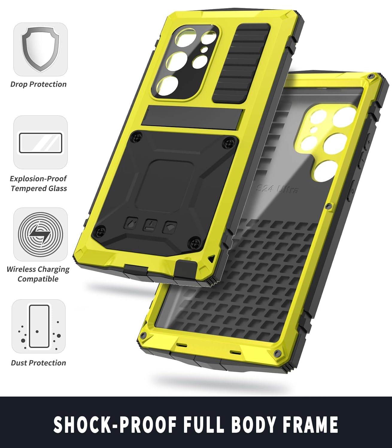 Simicoo Simicoo Samsung S24 Plus Metal Bumper Silicone Case with Stand Screen Protector Durable Shockproof Heavy Duty Rugged Full Body Cover Yellow - View 2 of 7
