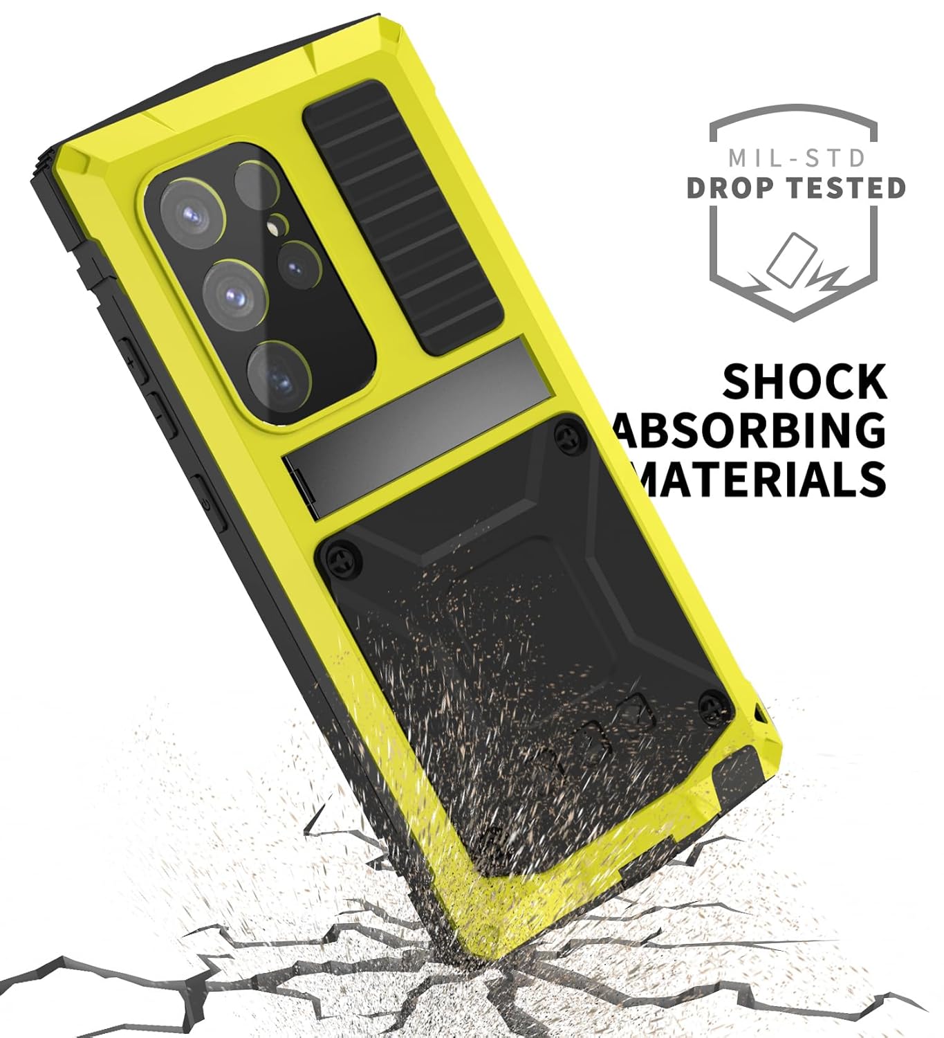 Simicoo Simicoo Samsung S24 Plus Metal Bumper Silicone Case with Stand Screen Protector Durable Shockproof Heavy Duty Rugged Full Body Cover Yellow