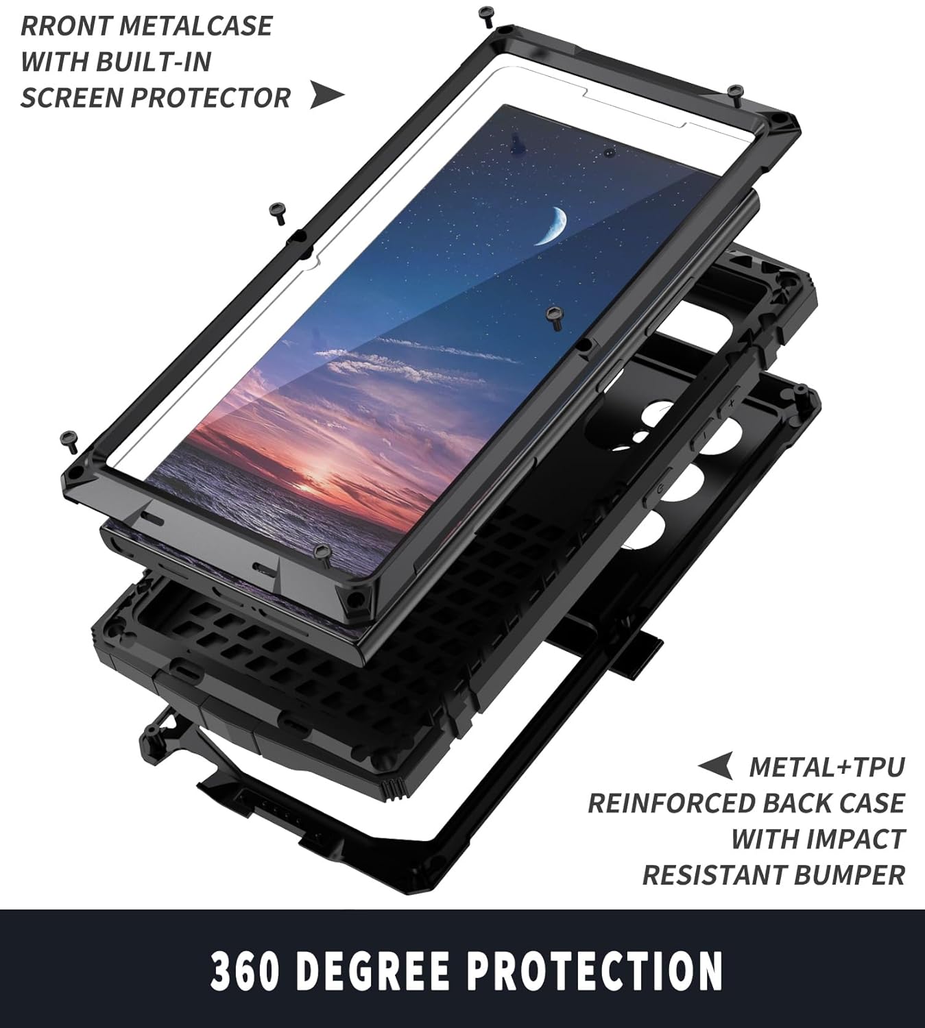 Simicoo Simicoo Samsung S24 Plus Metal Bumper Silicone Case with Stand and Screen Protector Rugged Heavy Duty Shockproof Full Body Cover Black - View 3 of 8