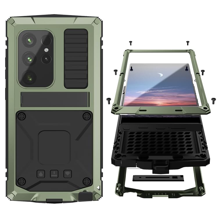 Simicoo Simicoo Samsung S24 Plus Metal Bumper Silicone Case with Stand and Screen Protector Rugged Heavy Duty Green